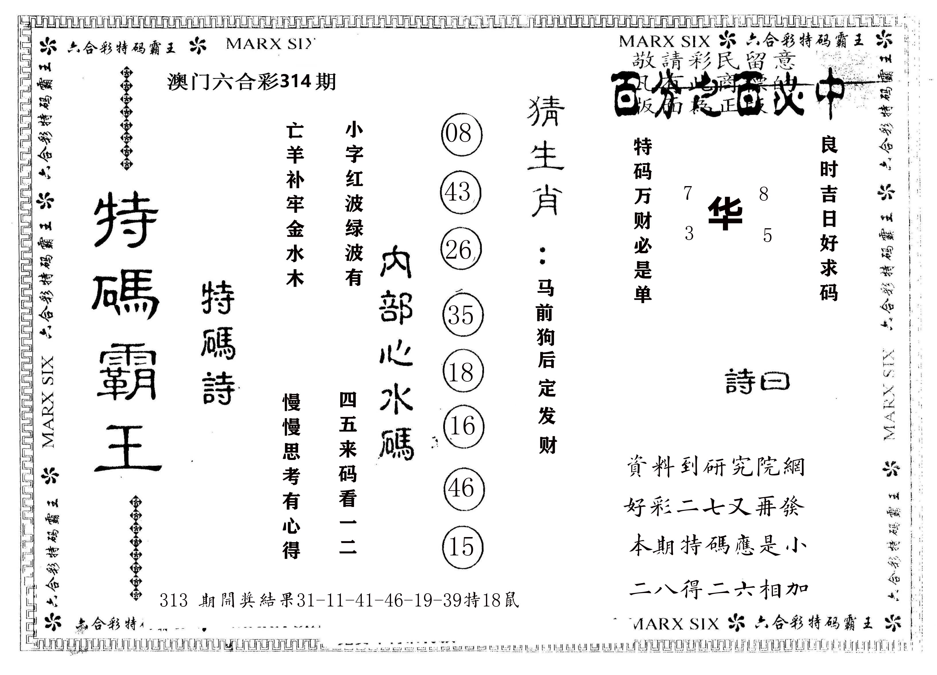 另版特码霸王 第314期