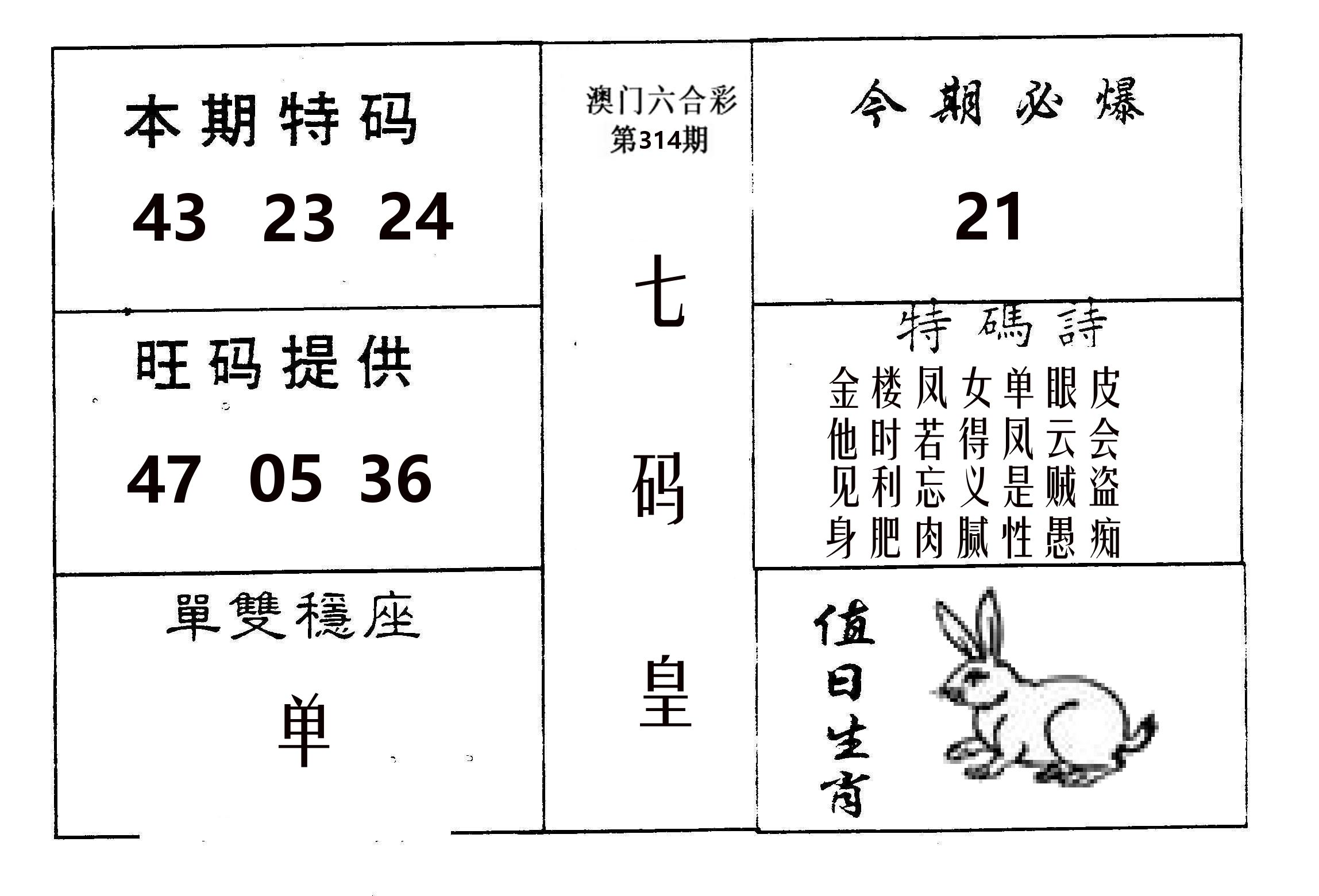 七码皇 第314期