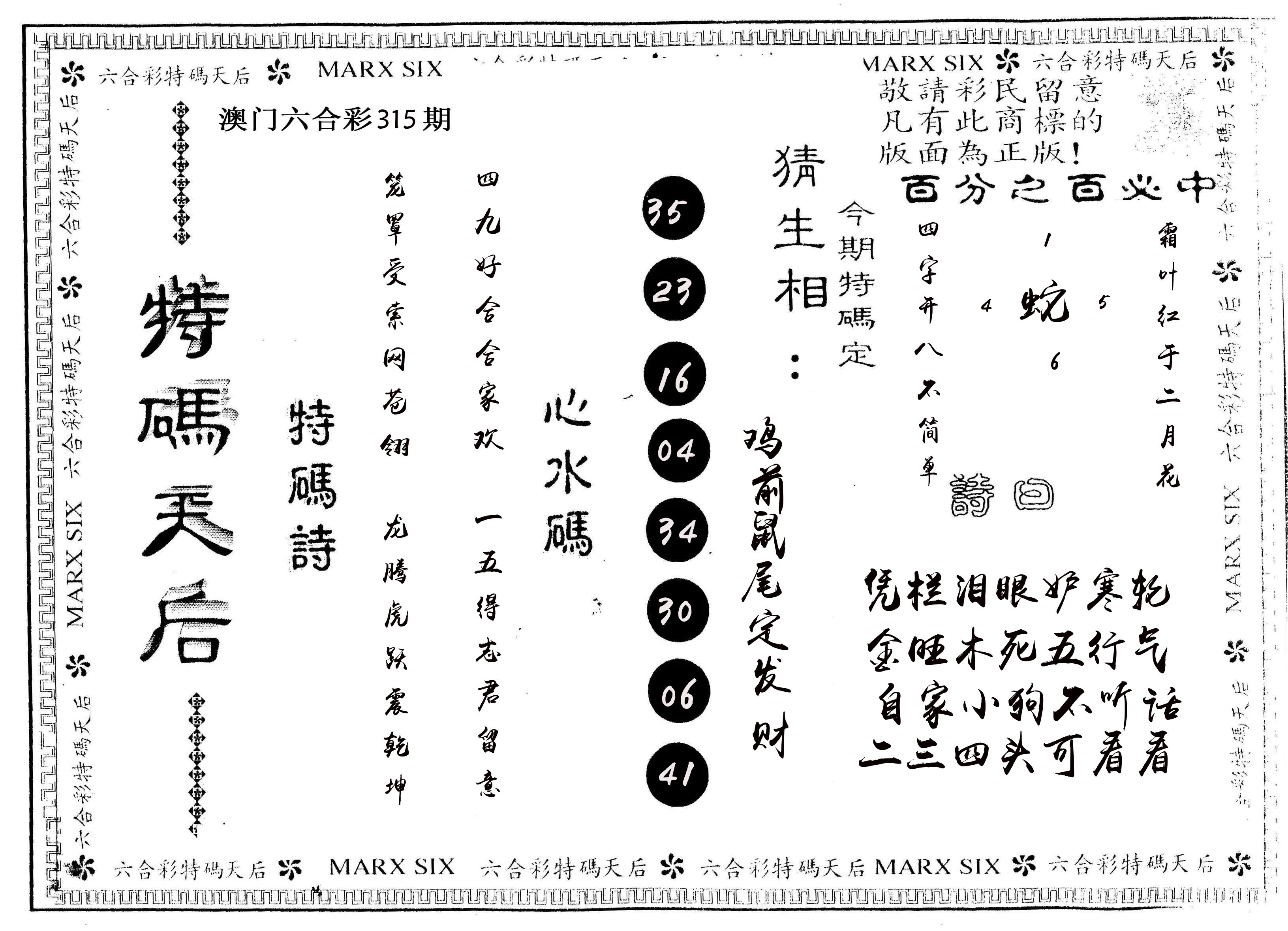另版特码天后 第315期