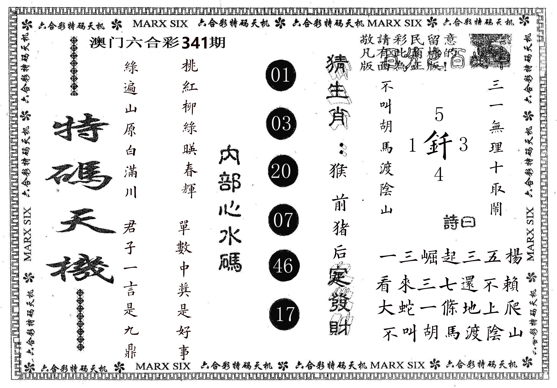 特码天机 第341期