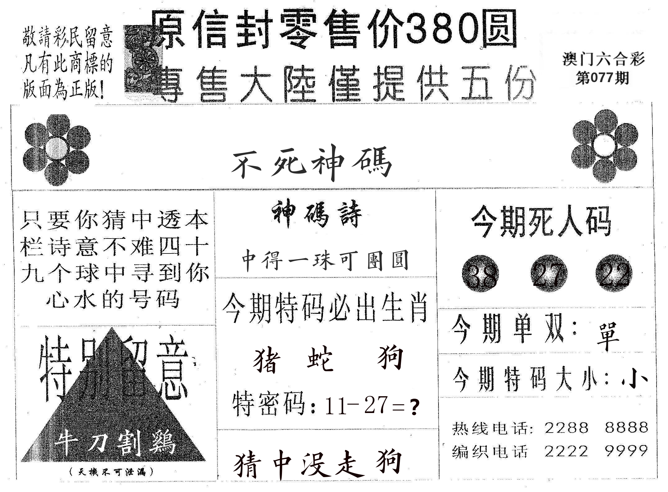 不死码A 第77期
