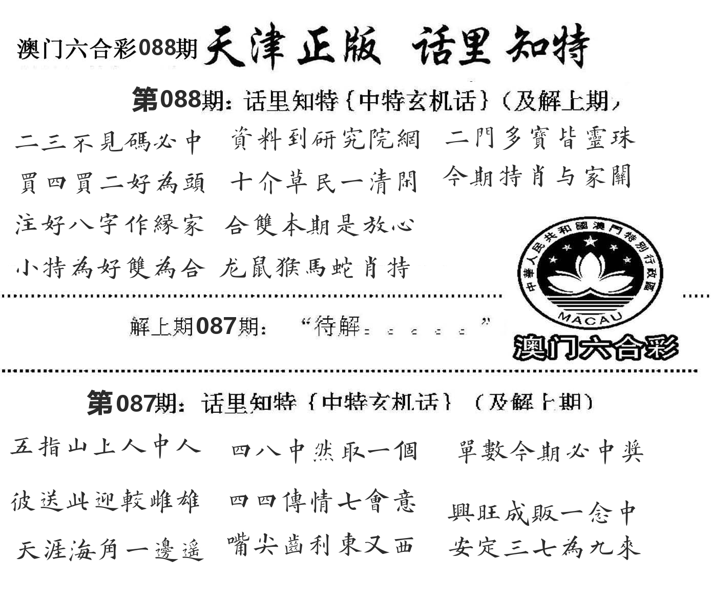 天津正版话里知特 第88期