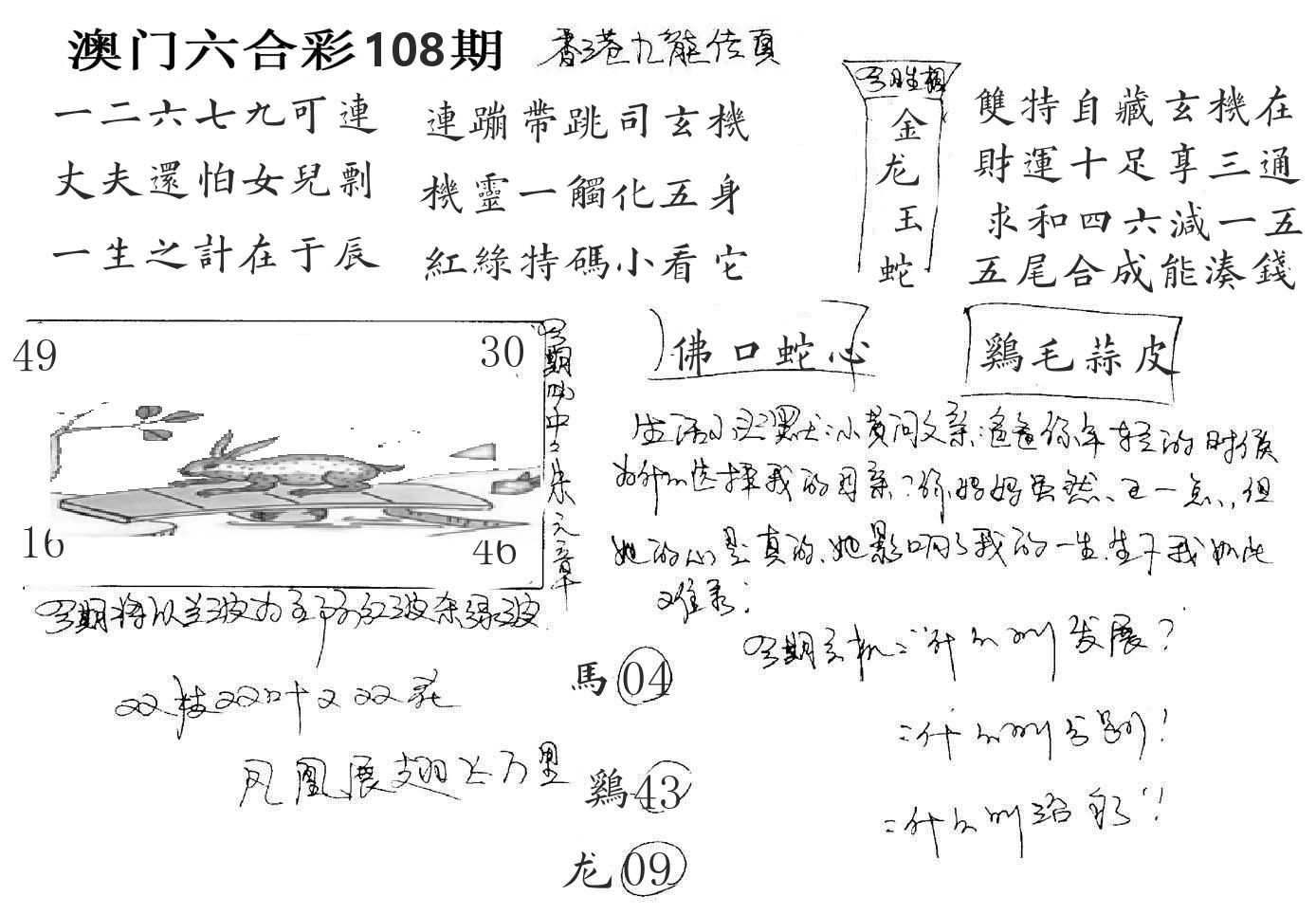澳门手写九龙 第108期