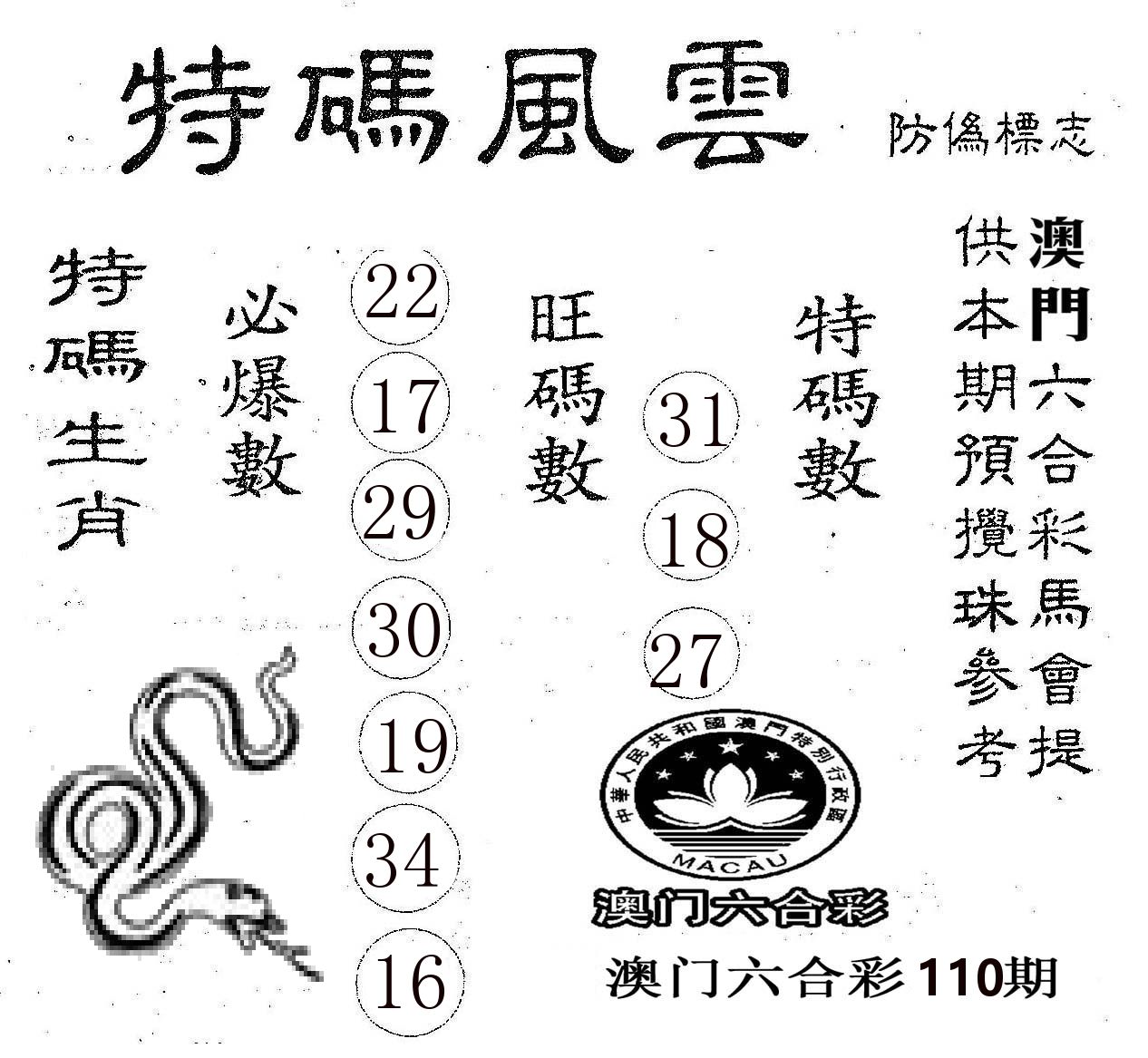 特码风云 第110期