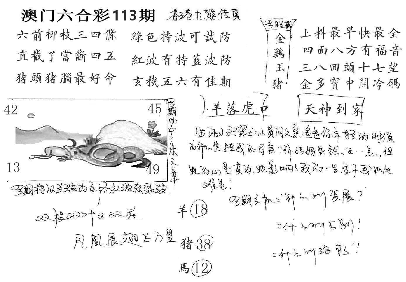 澳门手写九龙 第113期