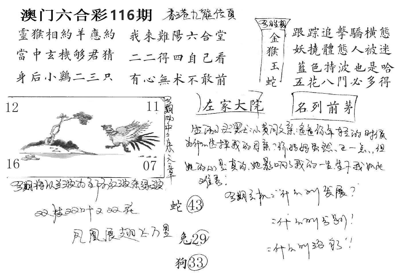 澳门手写九龙 第116期