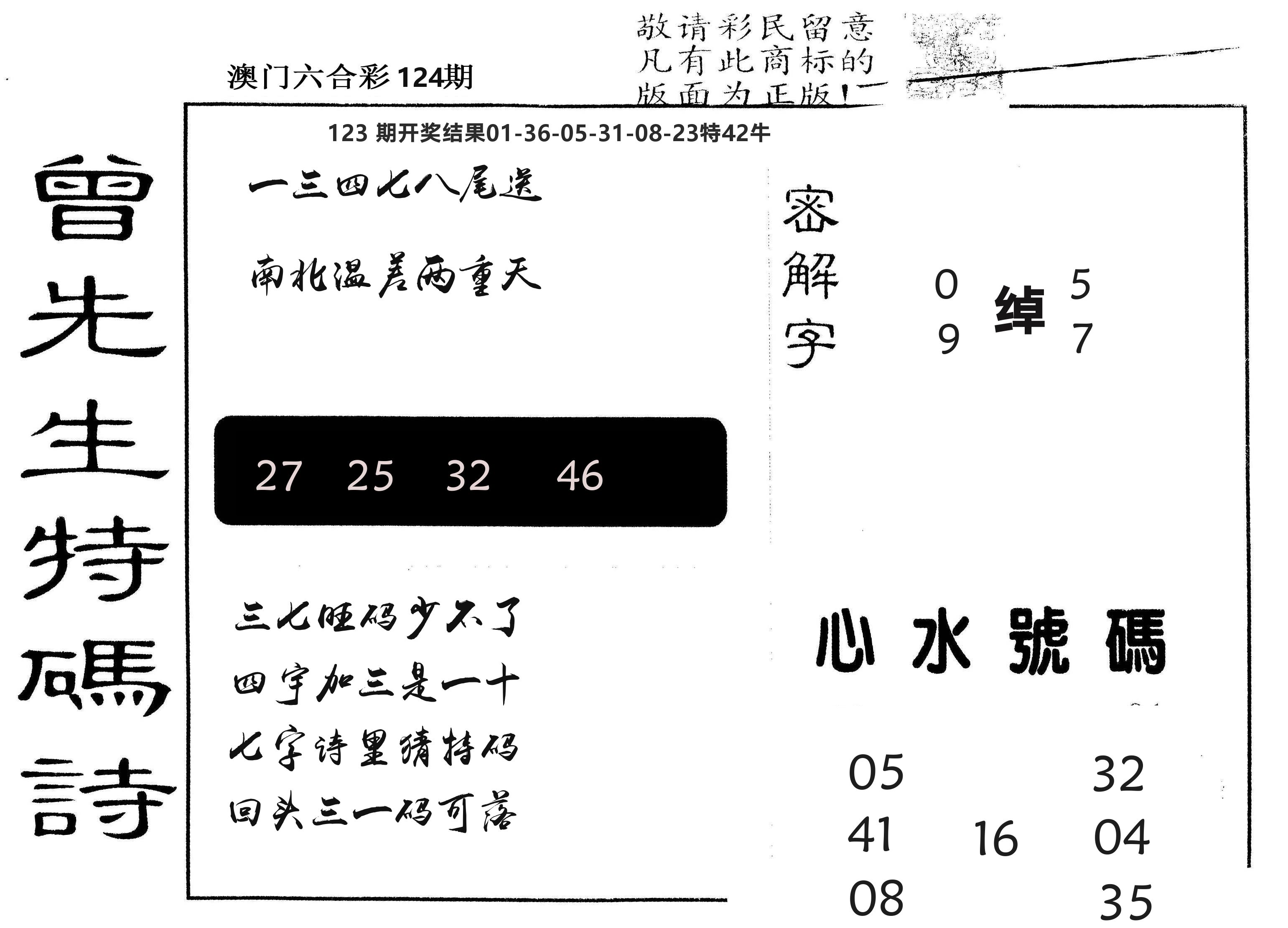 另版曾道人特码诗 第124期