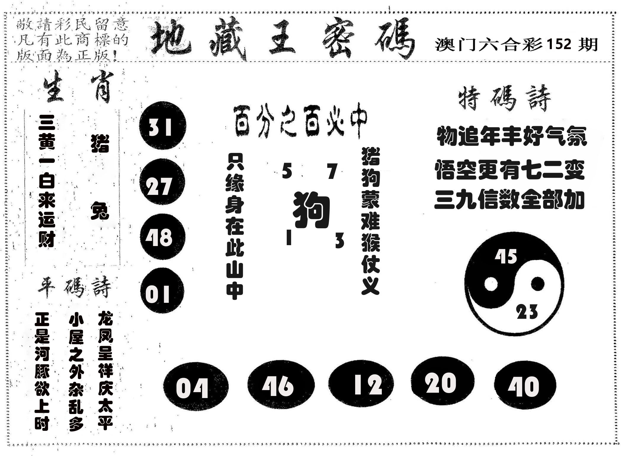地藏王密码 第152期