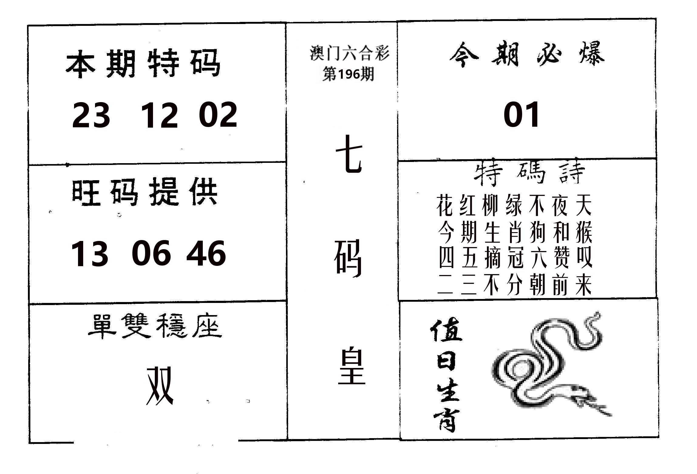 七码皇 第196期
