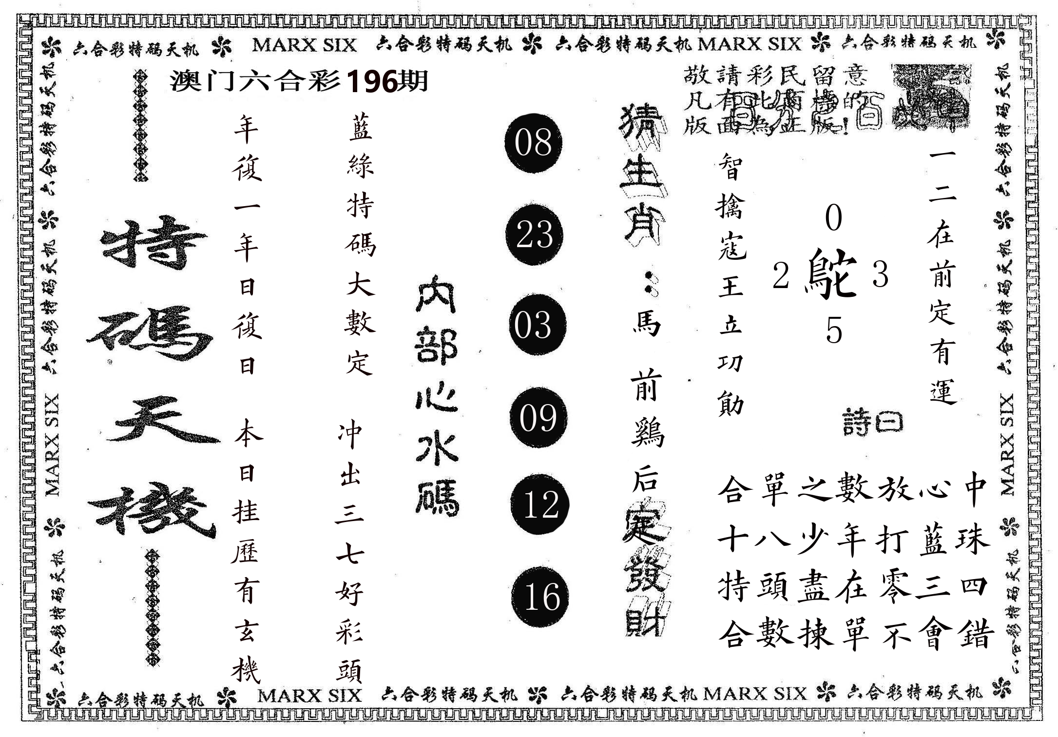 特码天机 第196期