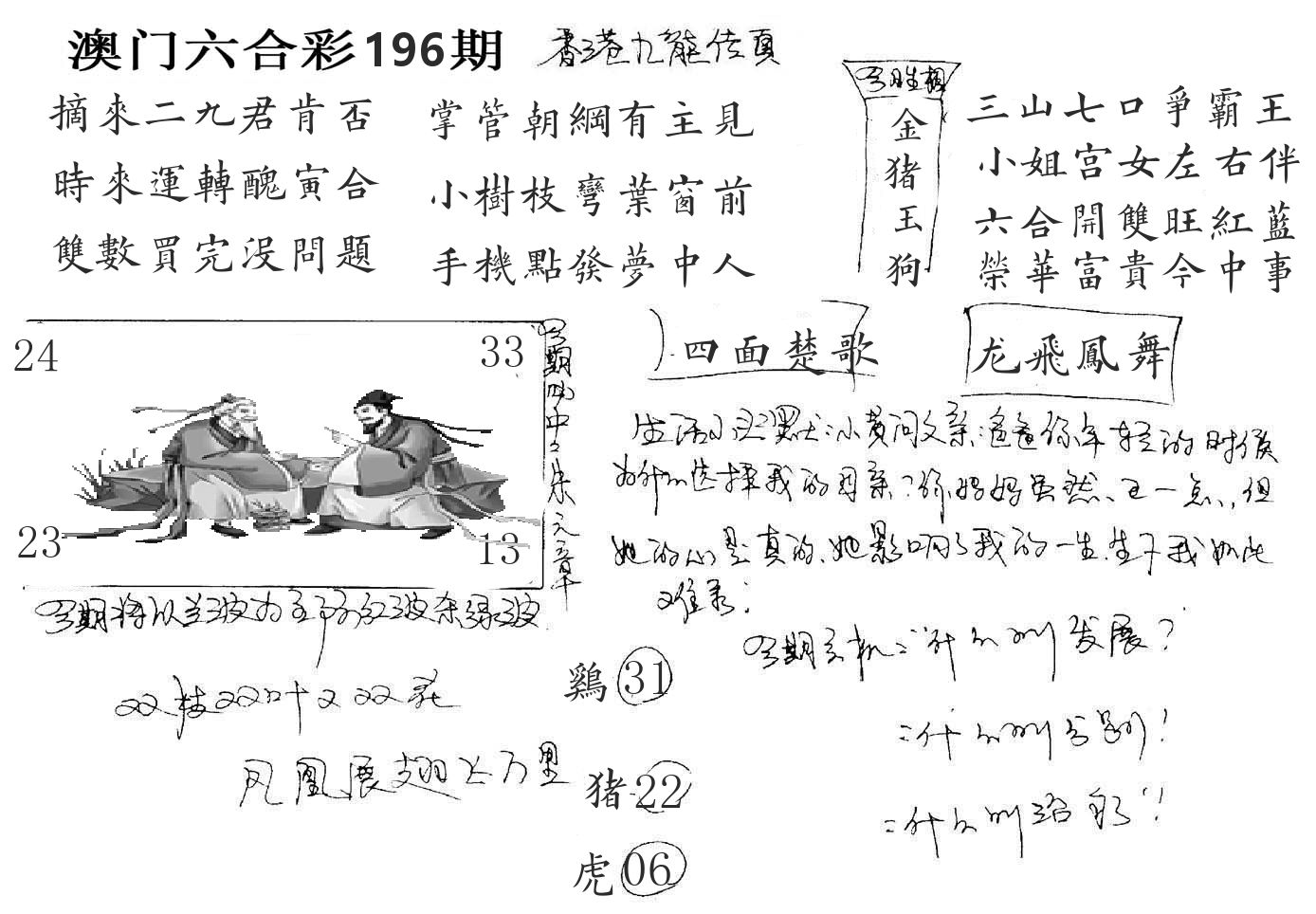 澳门手写九龙 第196期