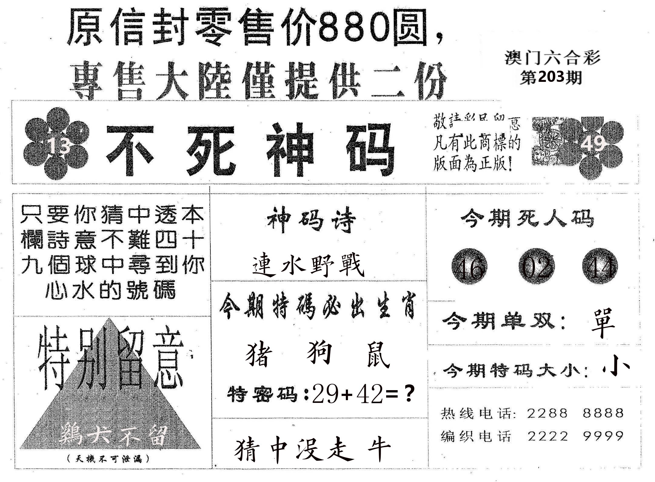 不死码B 第203期