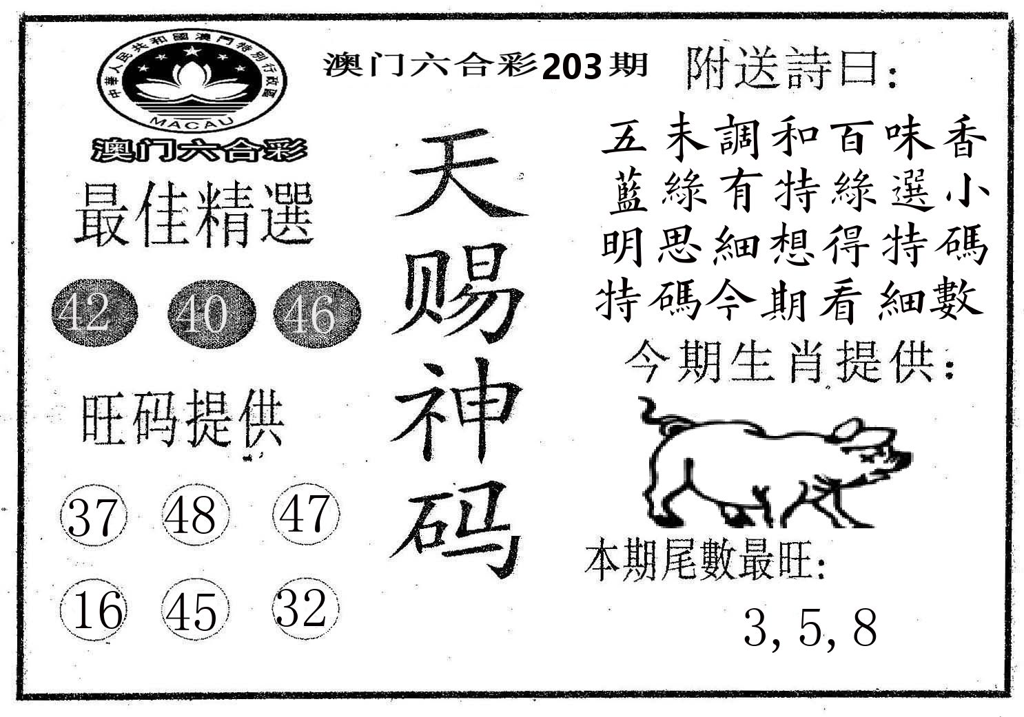 天赐神码 第203期
