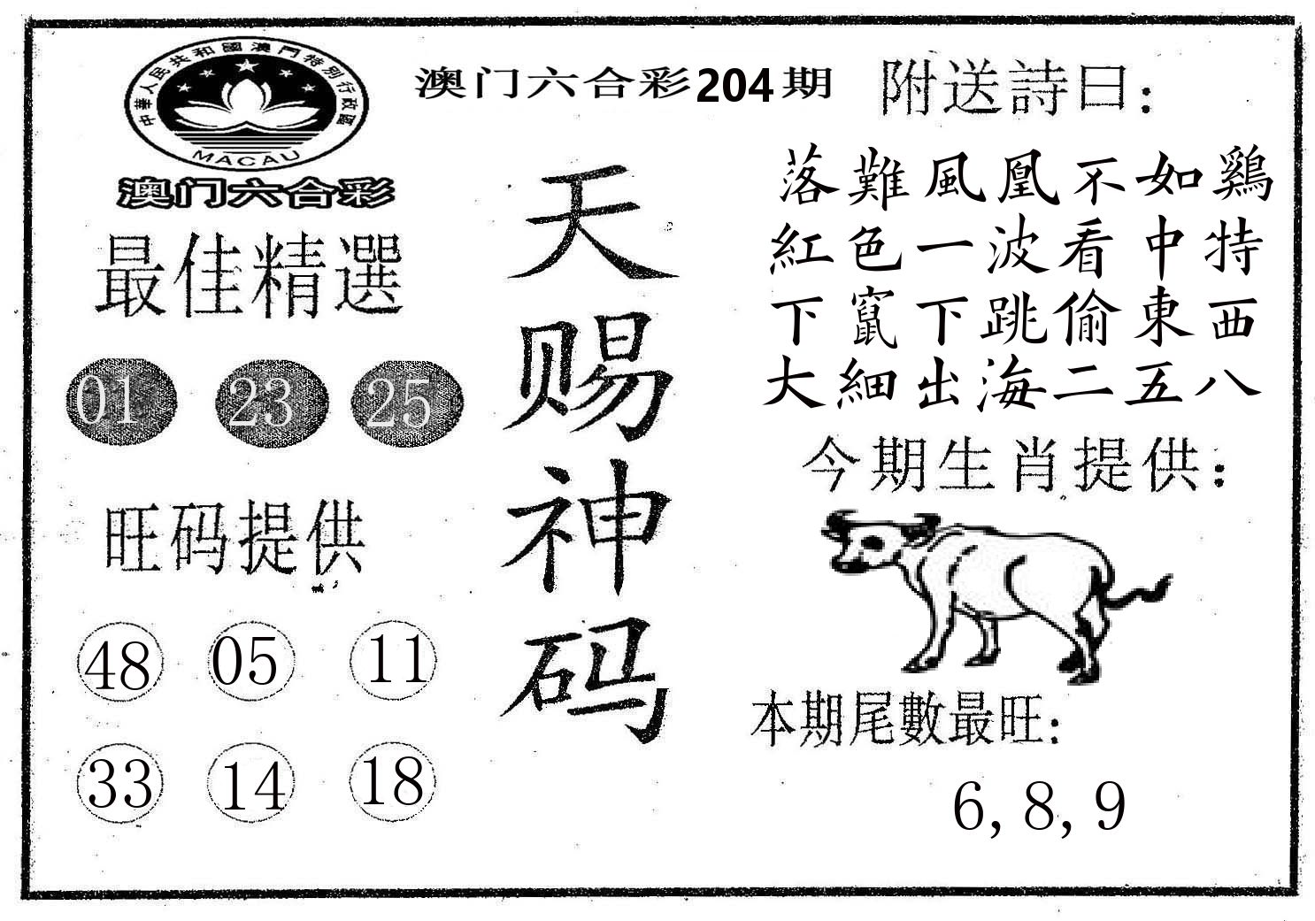 天赐神码 第204期
