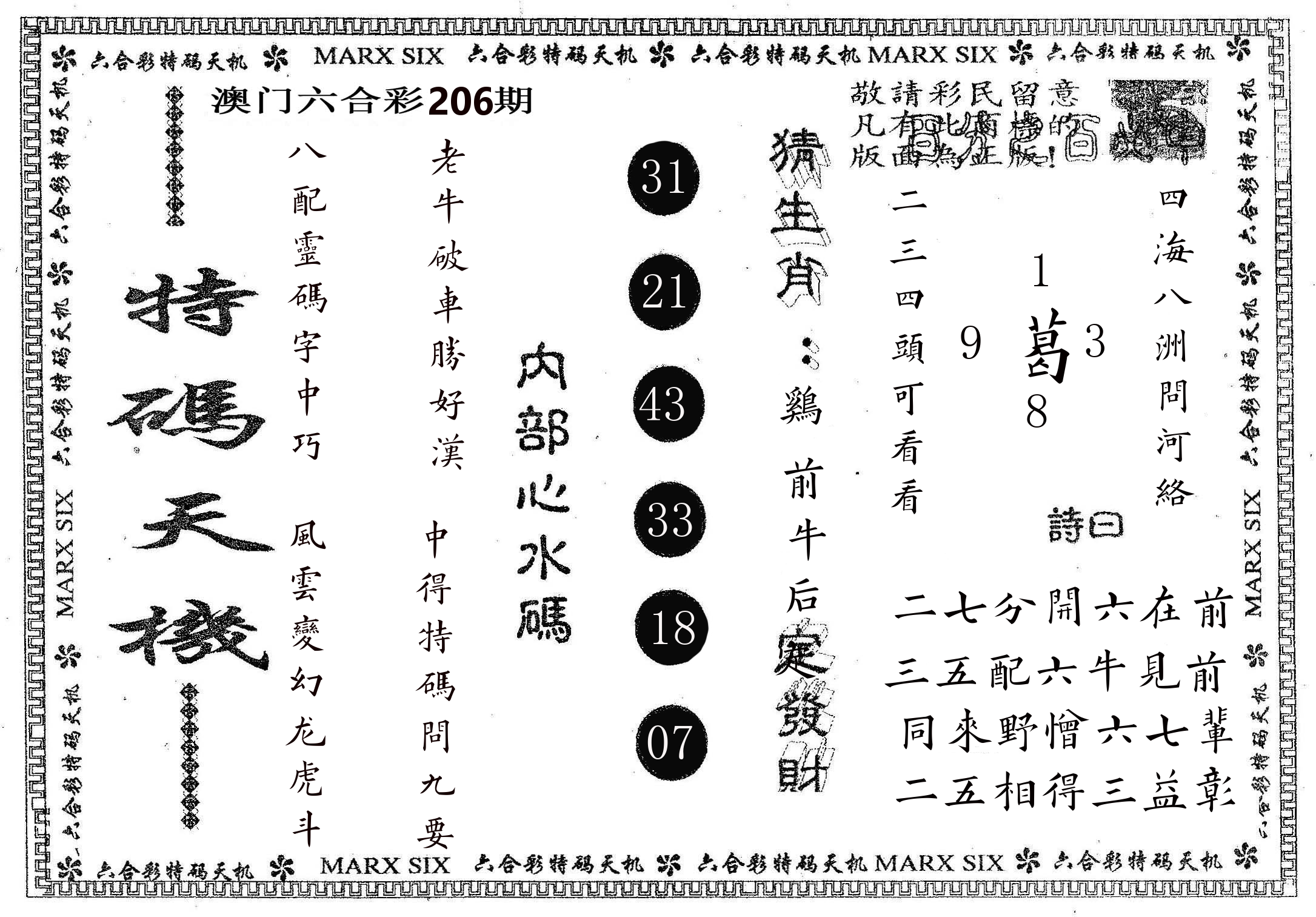 特码天机 第206期