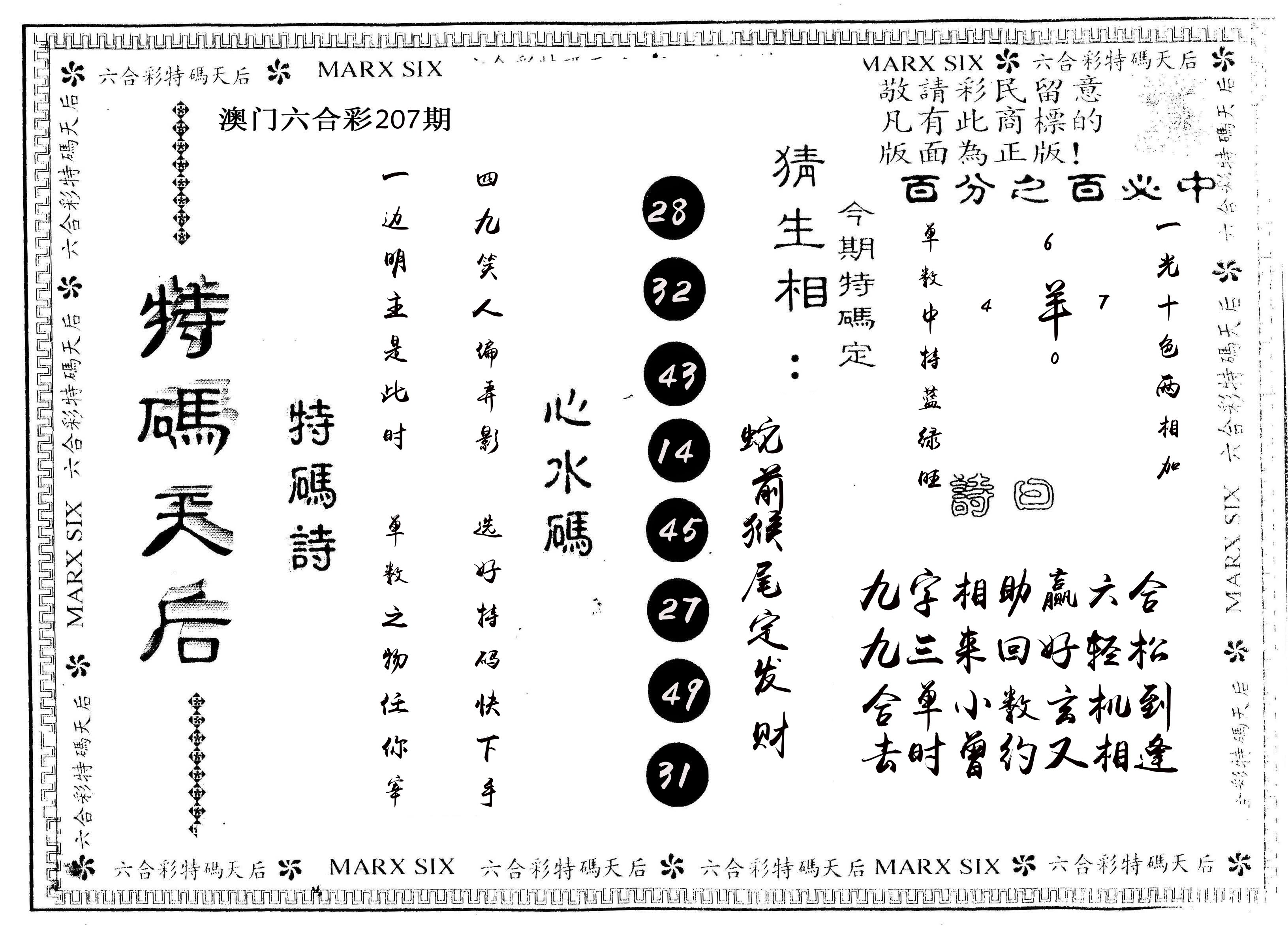另版特码天后 第207期