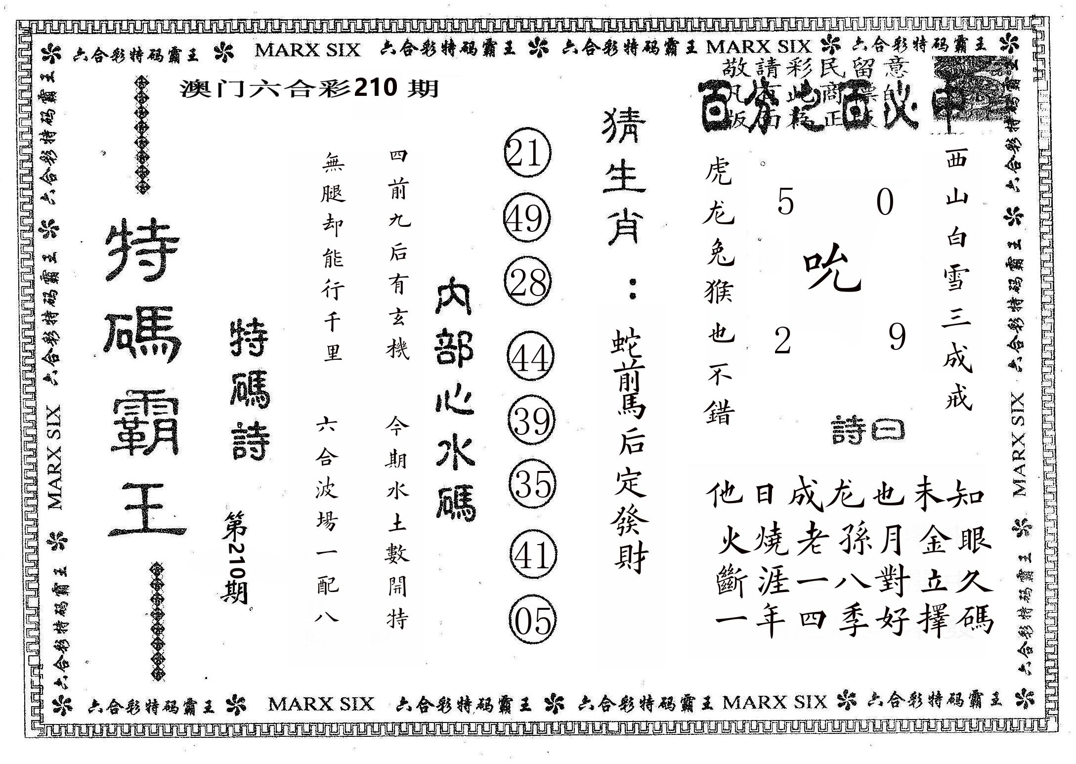 特码霸王B 第210期