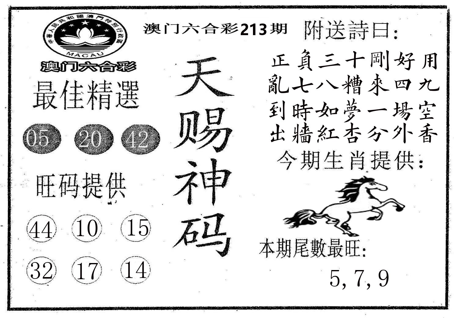 天赐神码 第213期