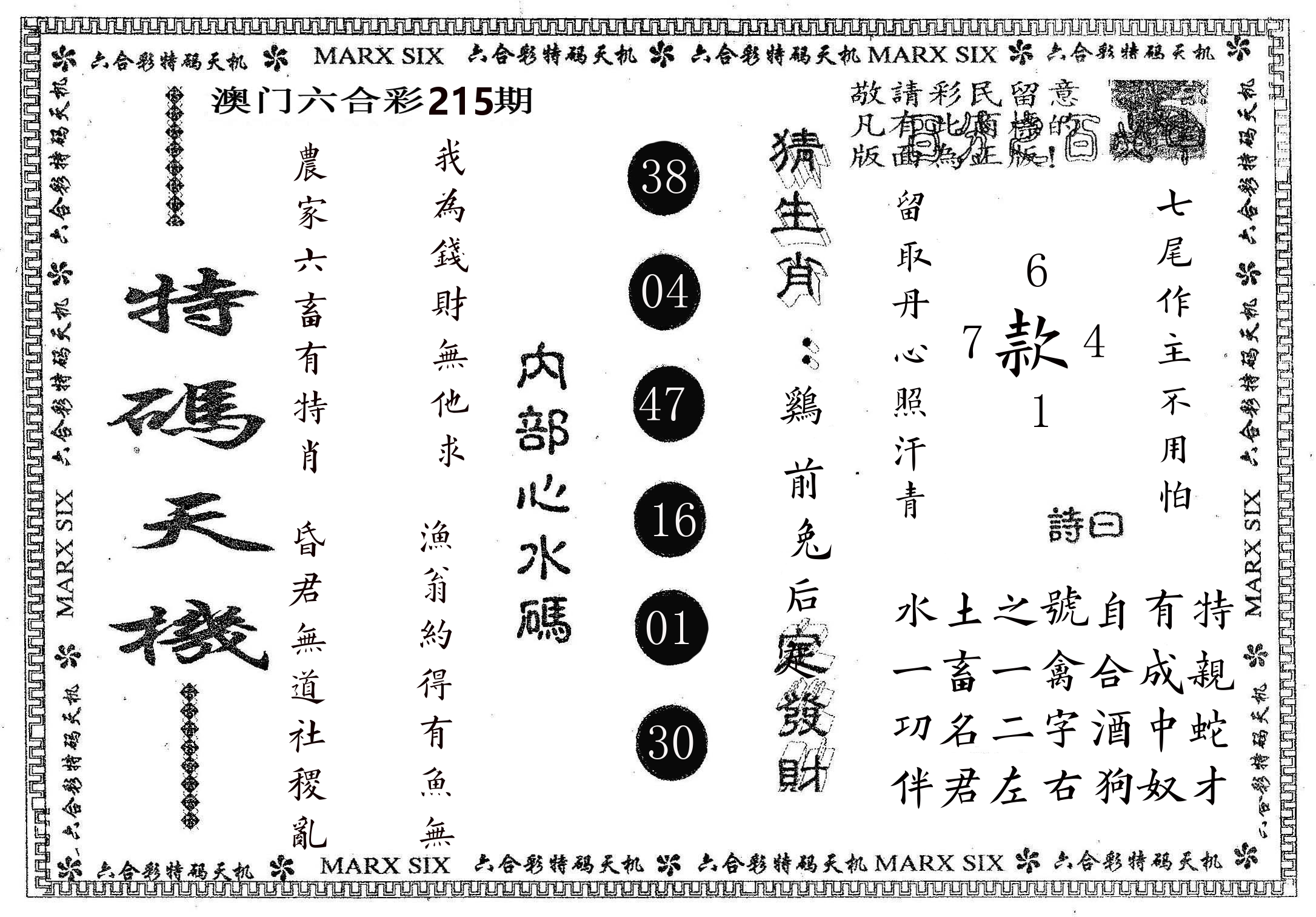 特码天机 第215期