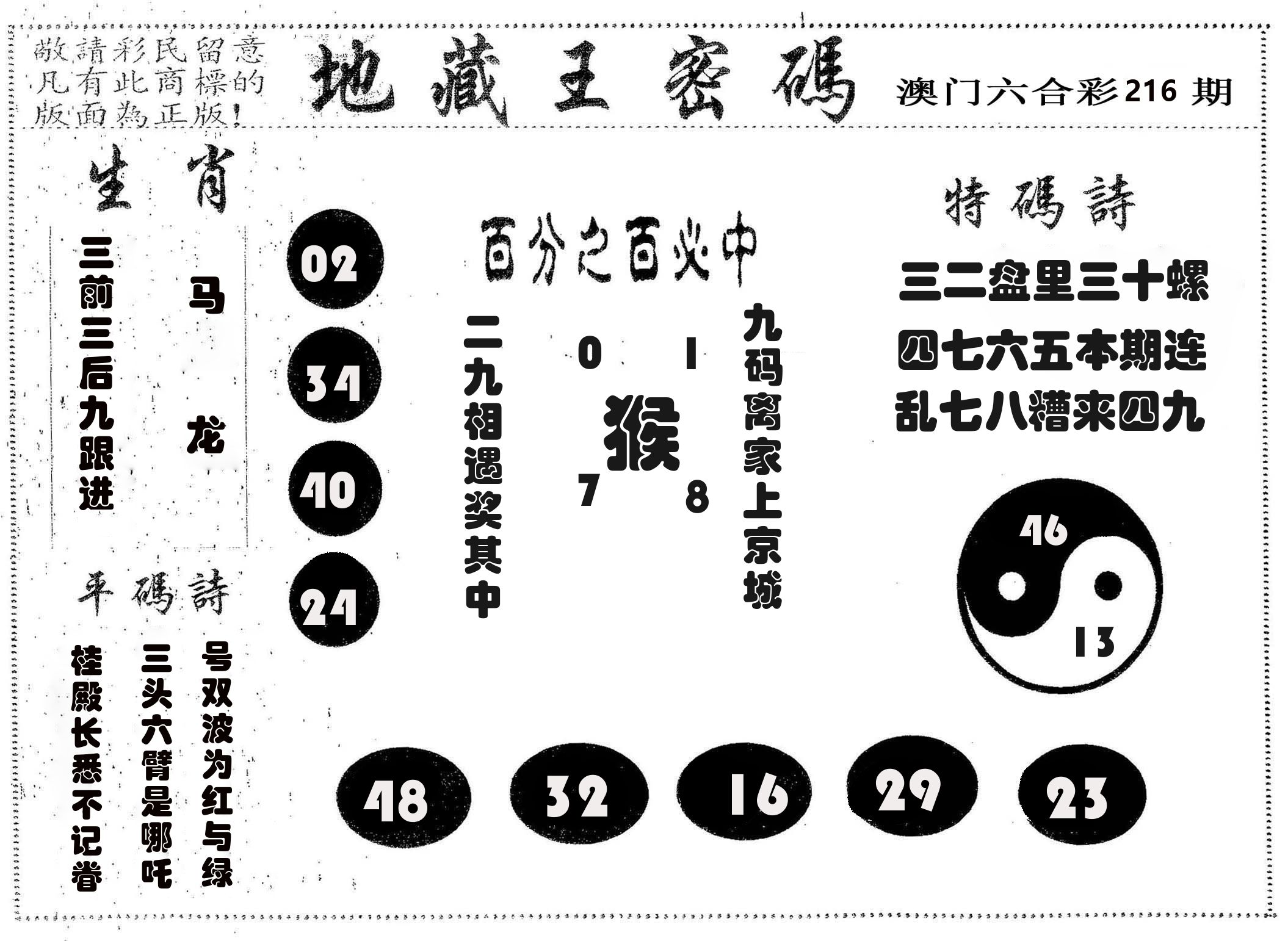 地藏王密码 第216期