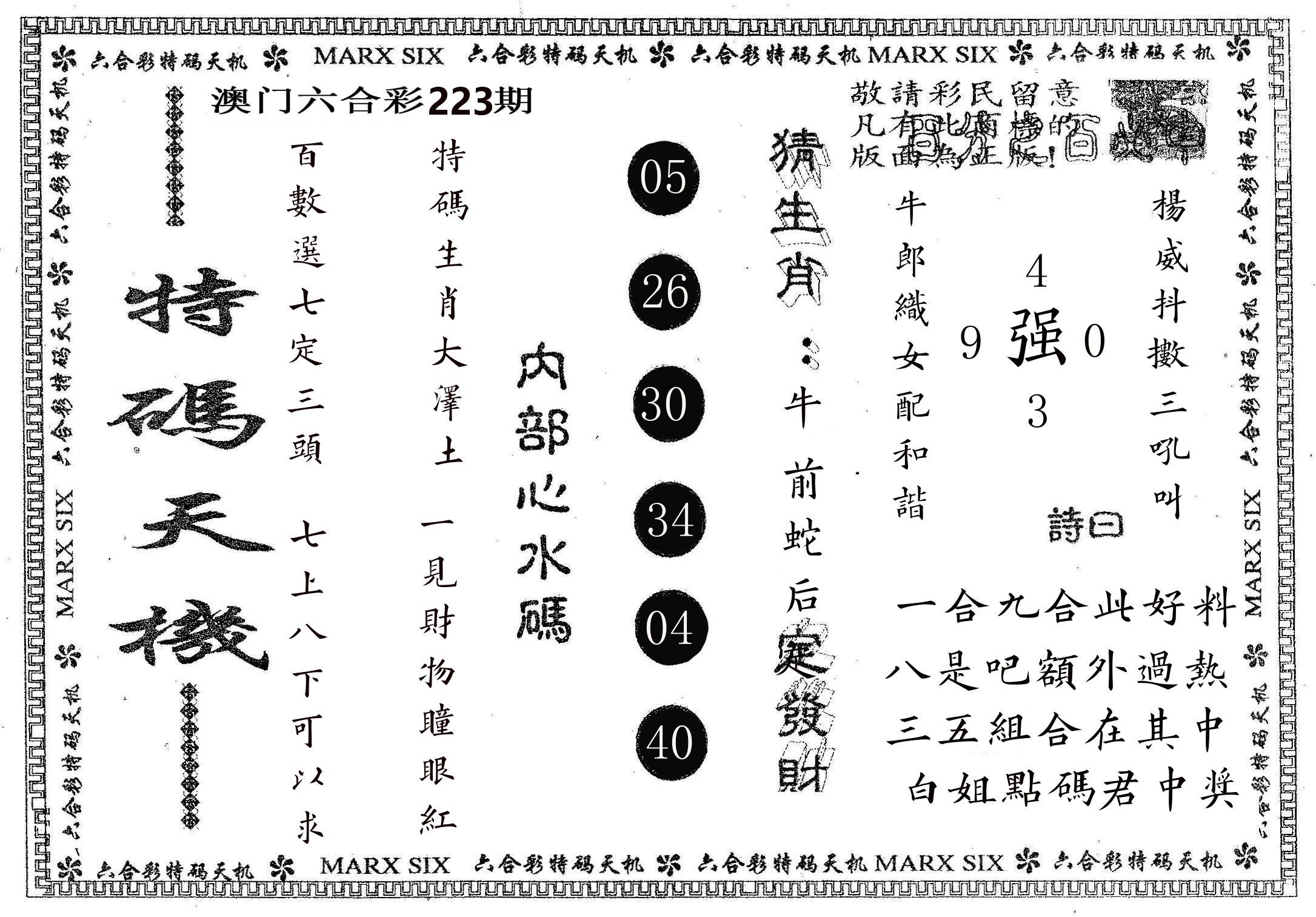 特码天机 第223期