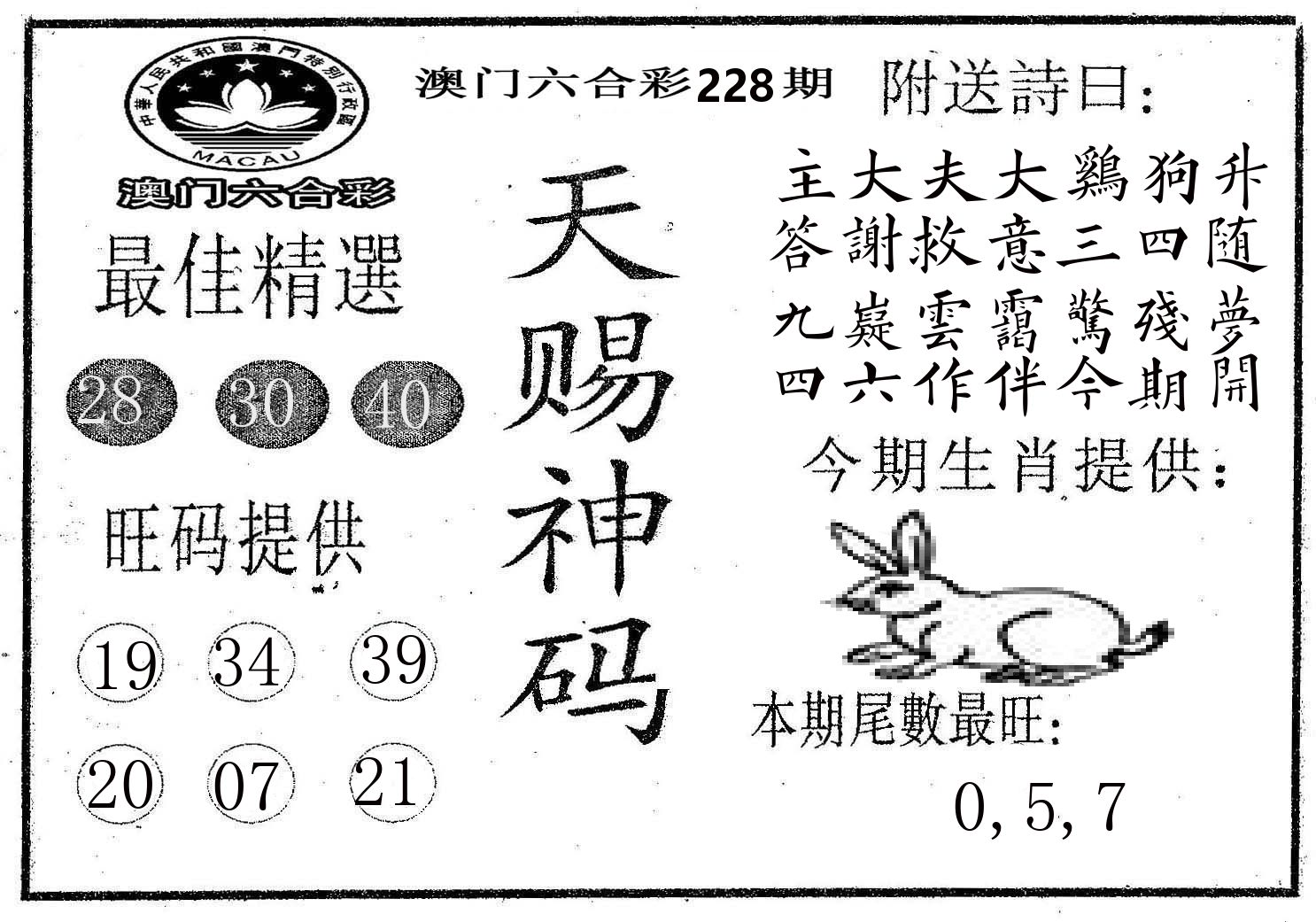 天赐神码 第228期