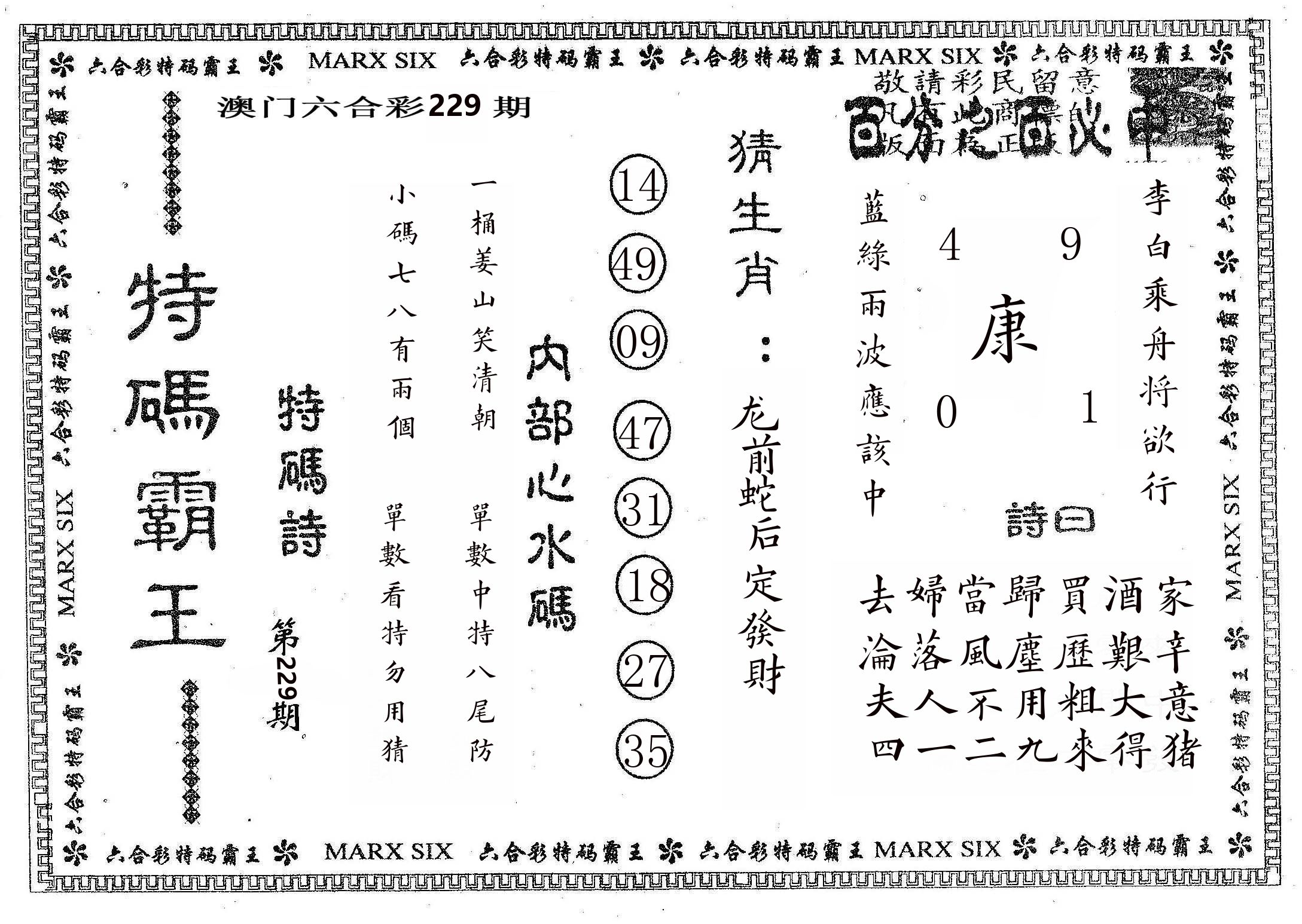 特码霸王B 第229期