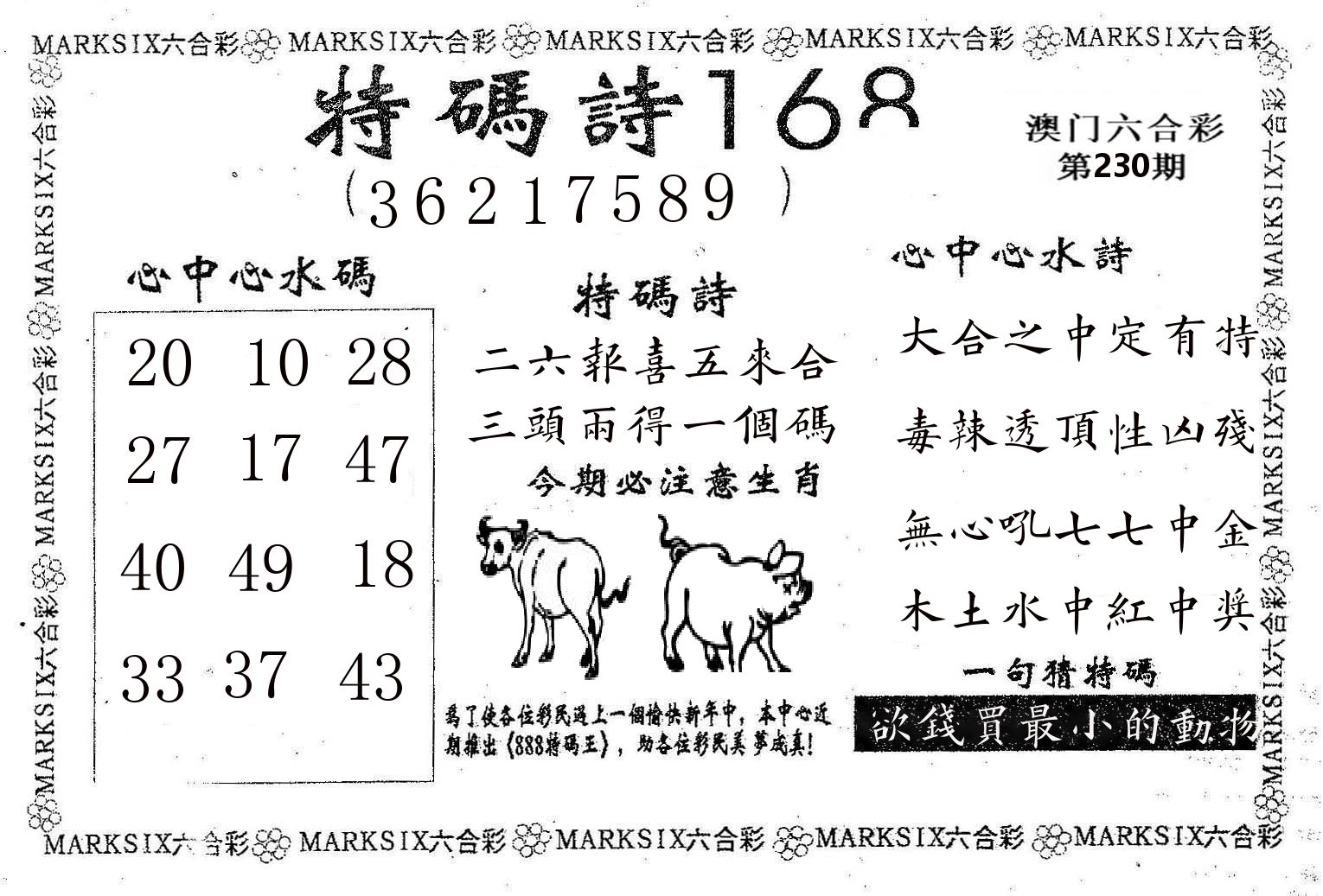 特码诗168 第230期