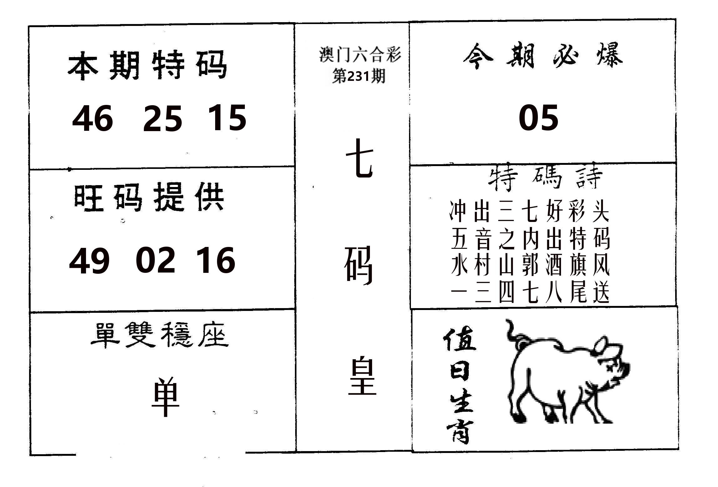 七码皇 第231期