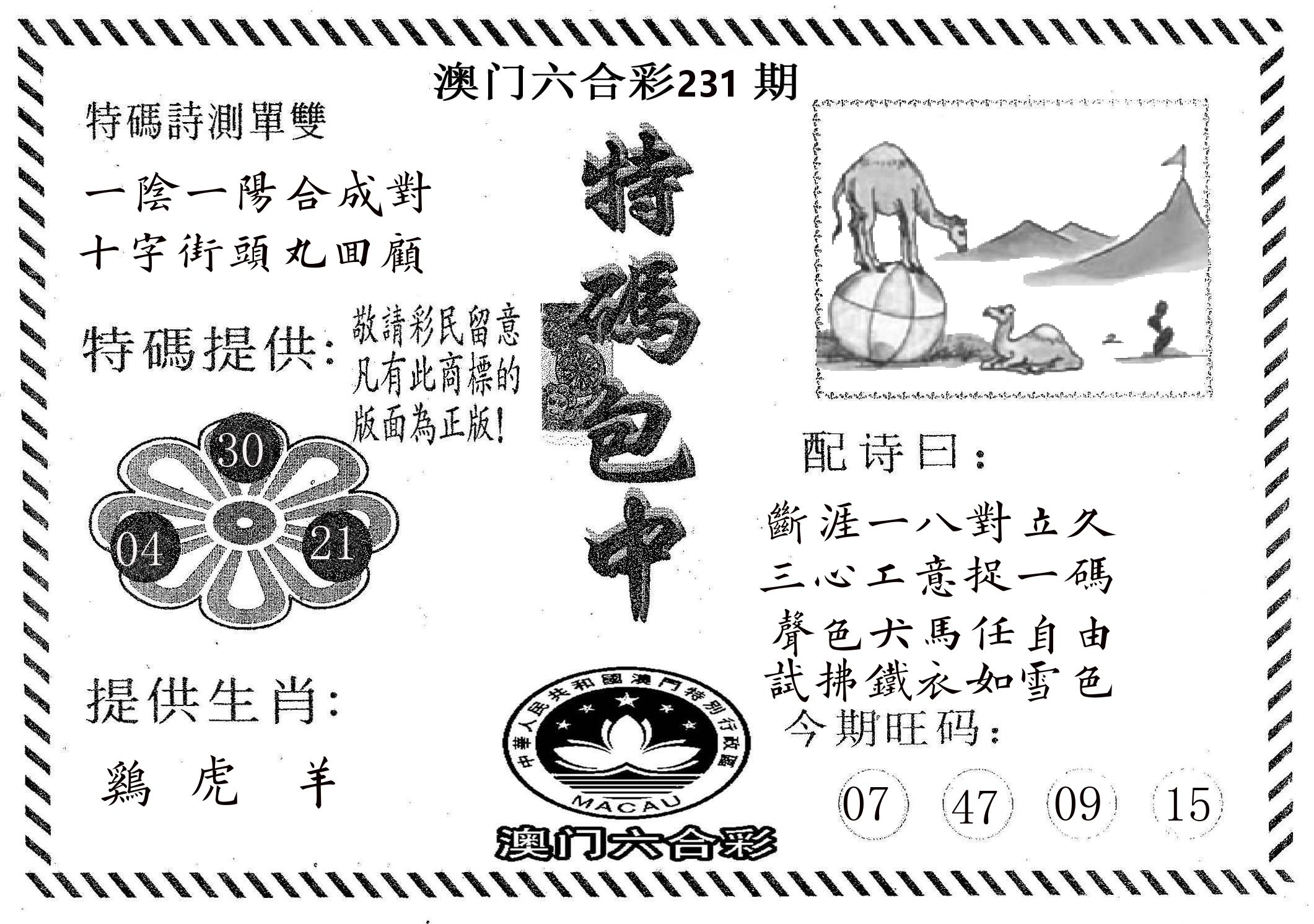 特码包中 第231期