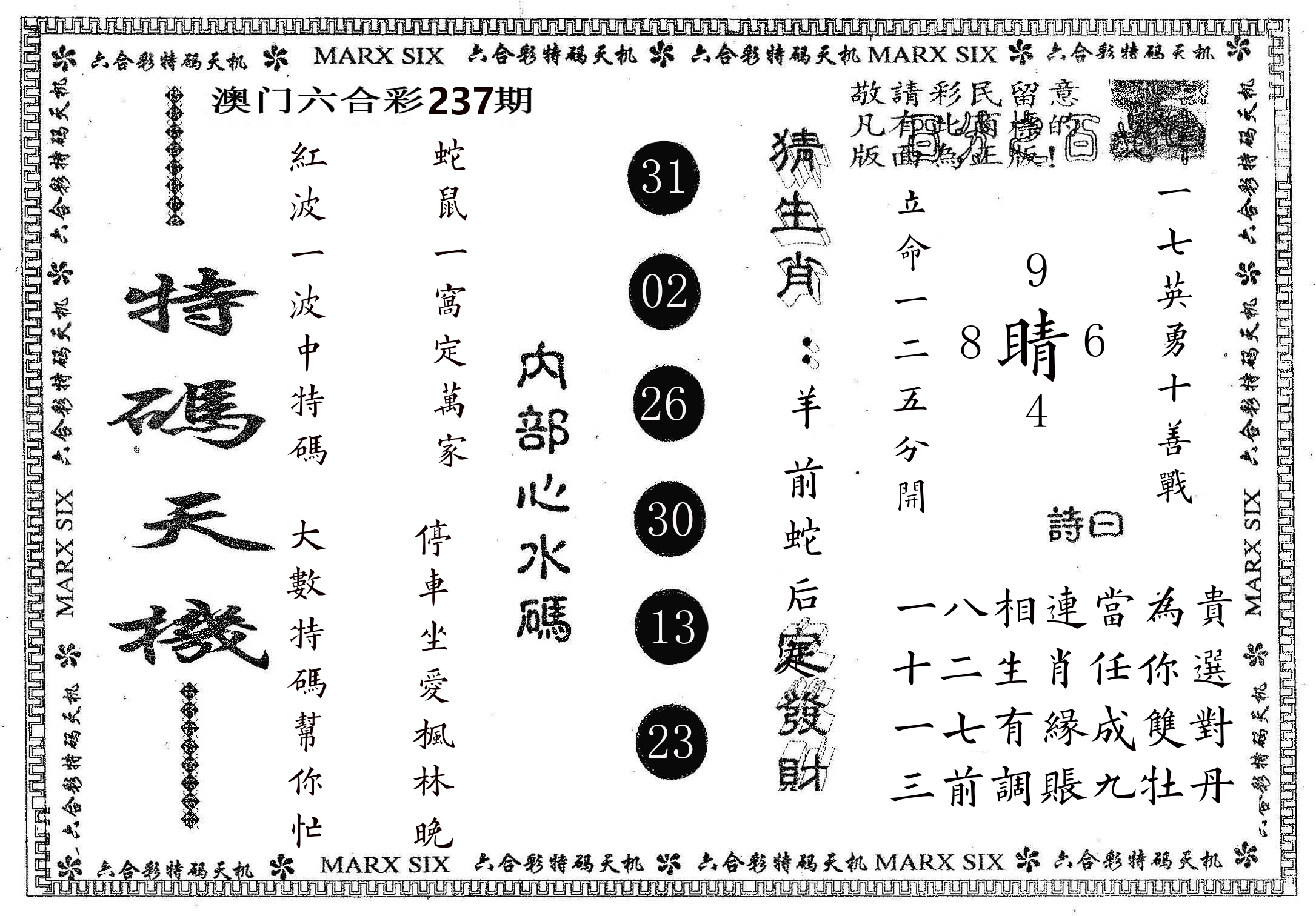 特码天机 第237期