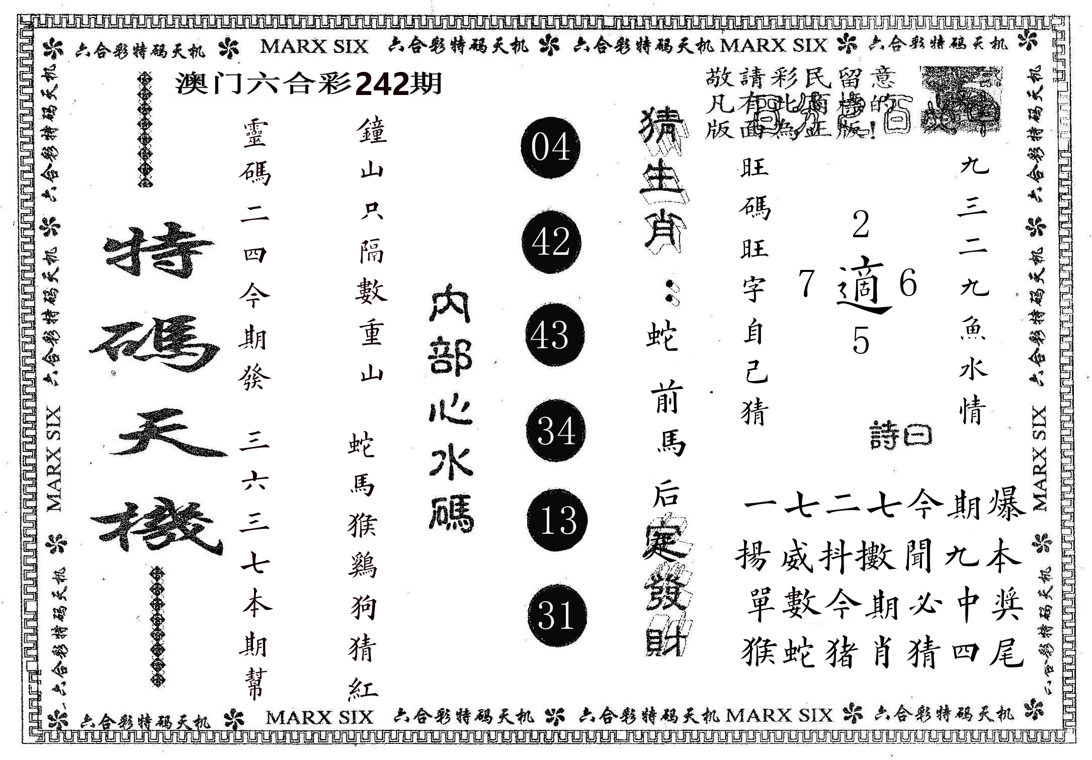 特码天机 第242期