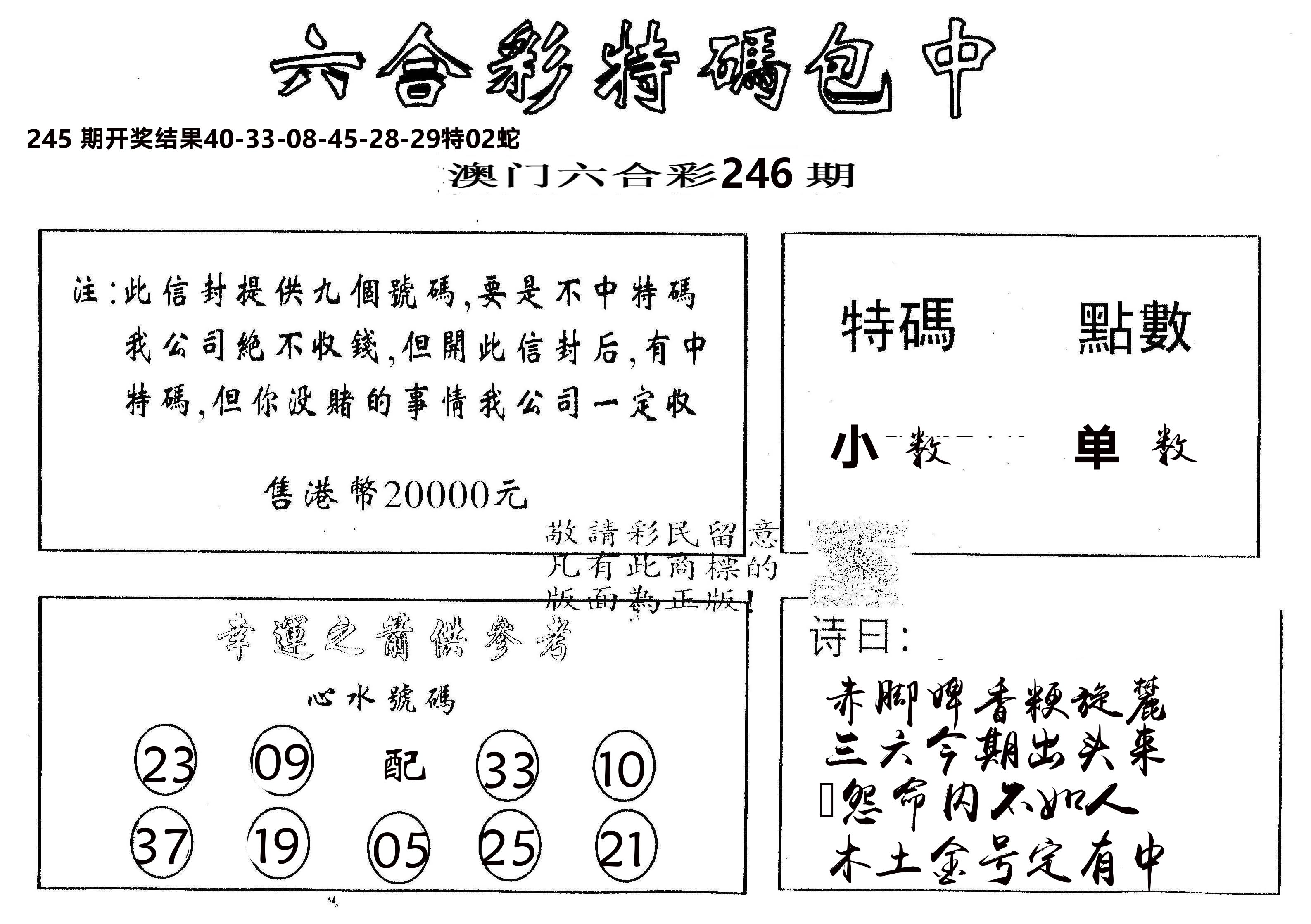 另版2000包中特 第246期