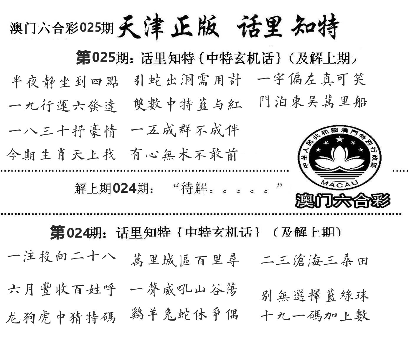 天津正版话里知特 第25期