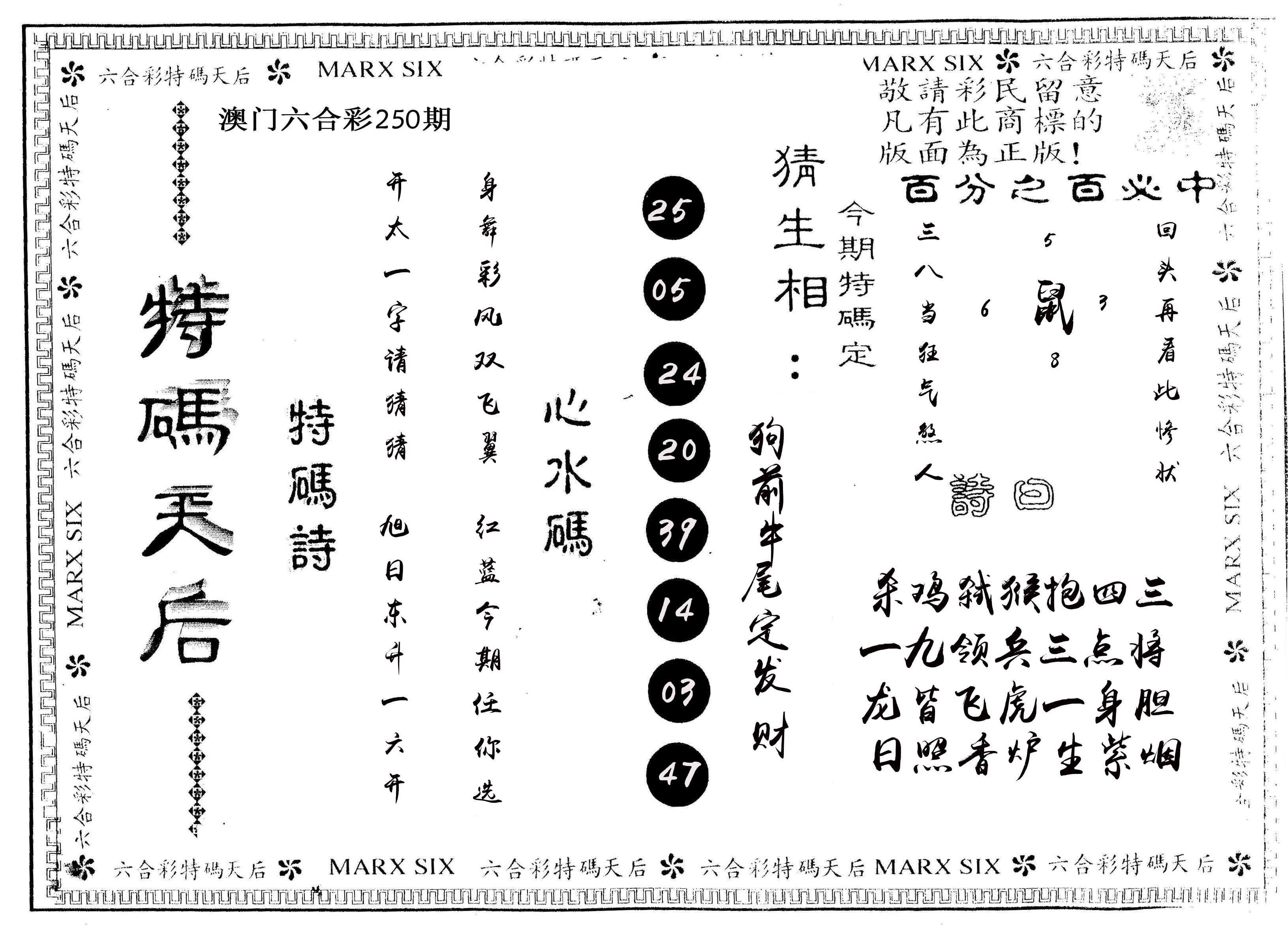 另版特码天后 第250期