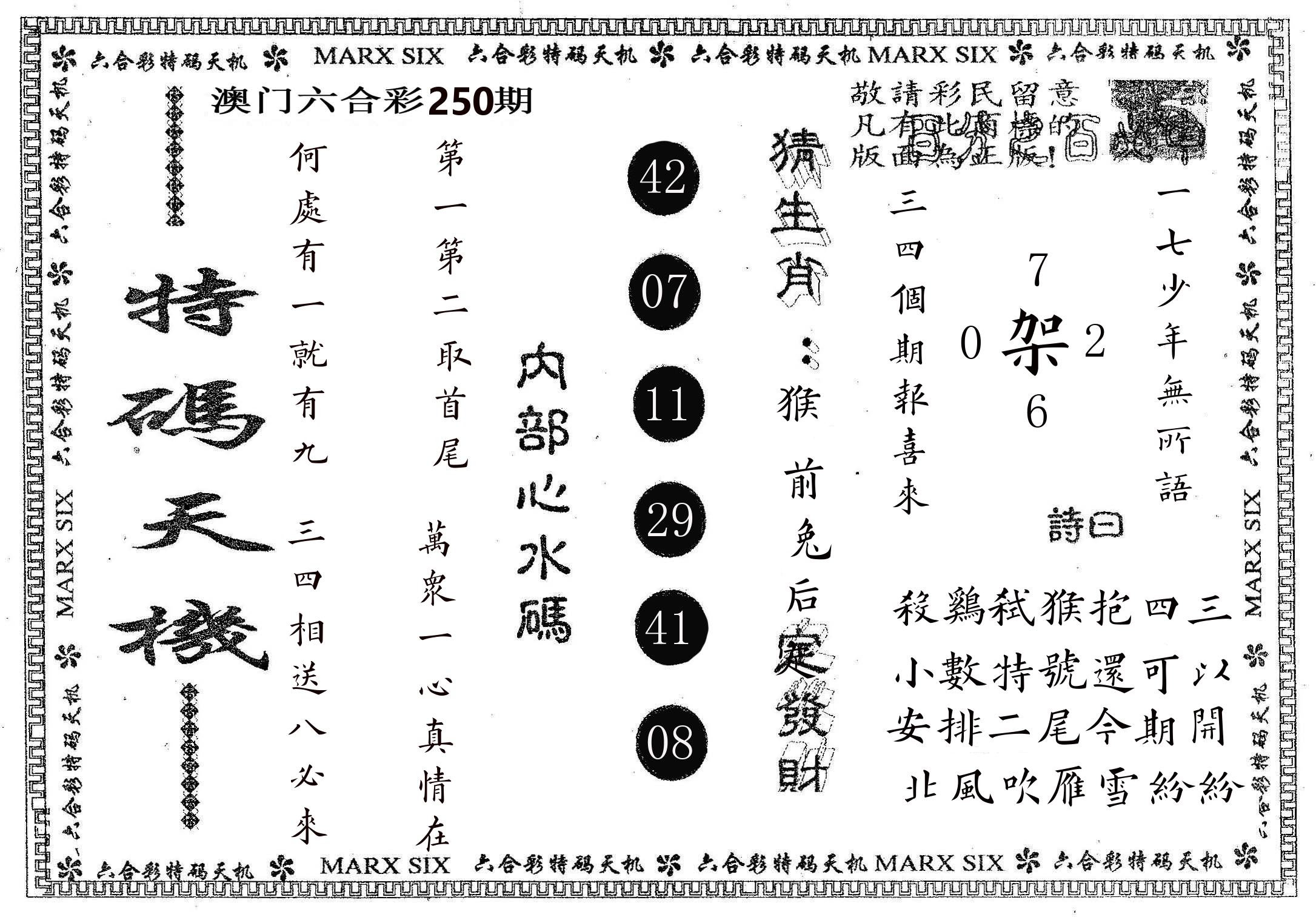 特码天机 第250期