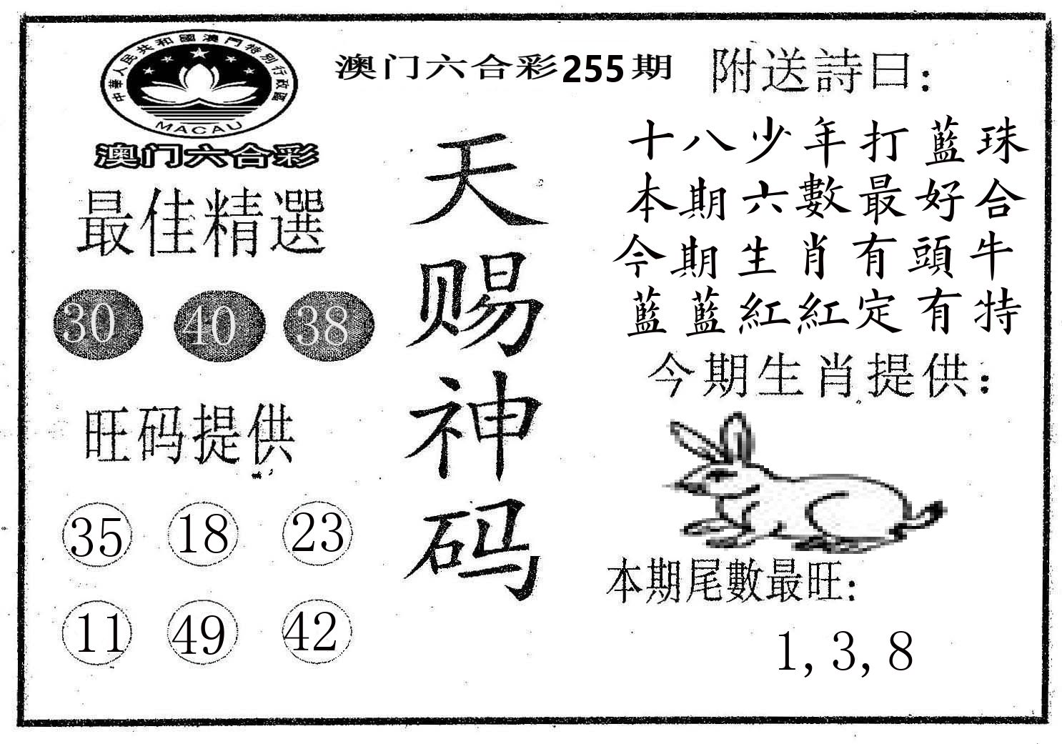 天赐神码 第255期