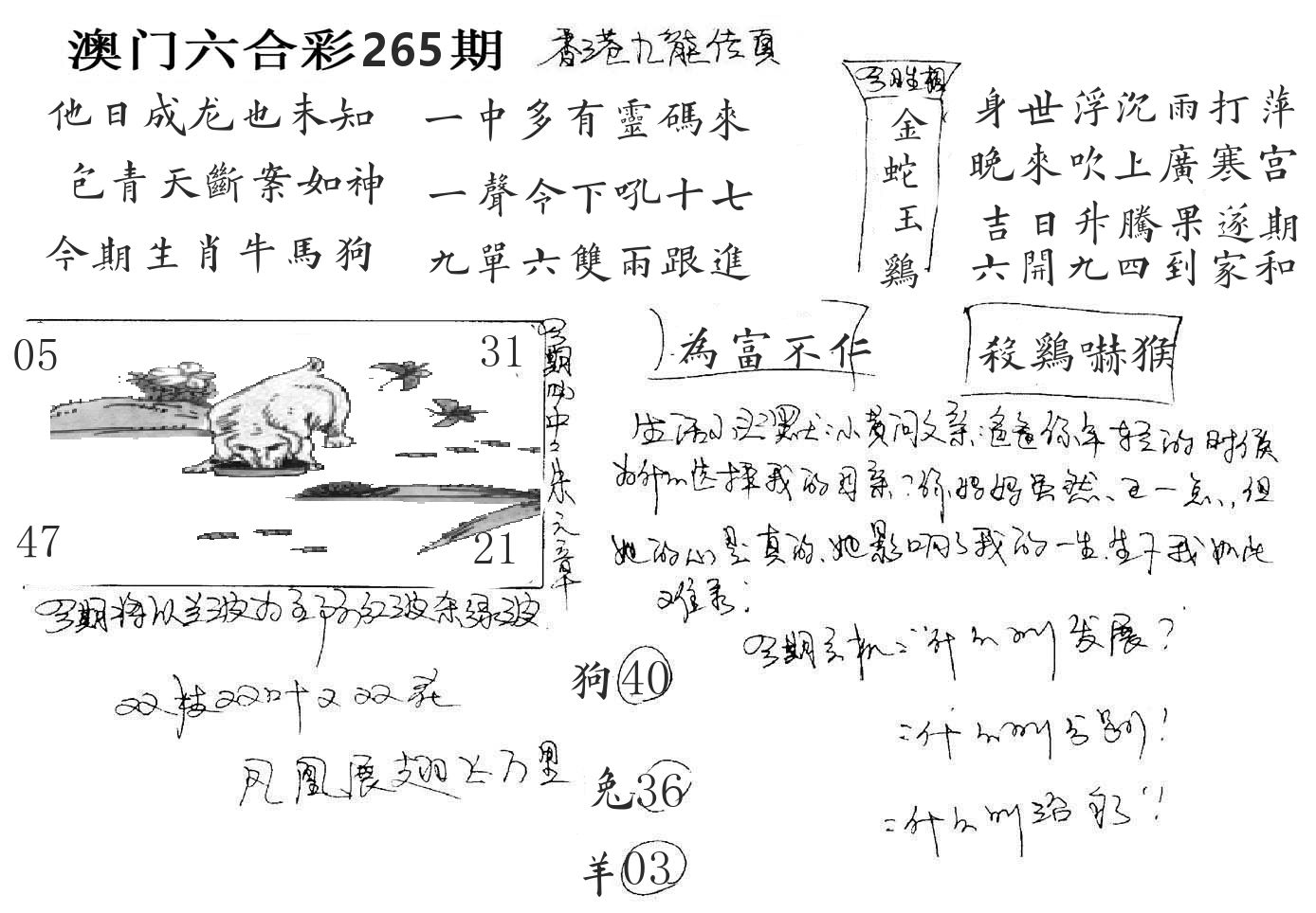 澳门手写九龙 第265期