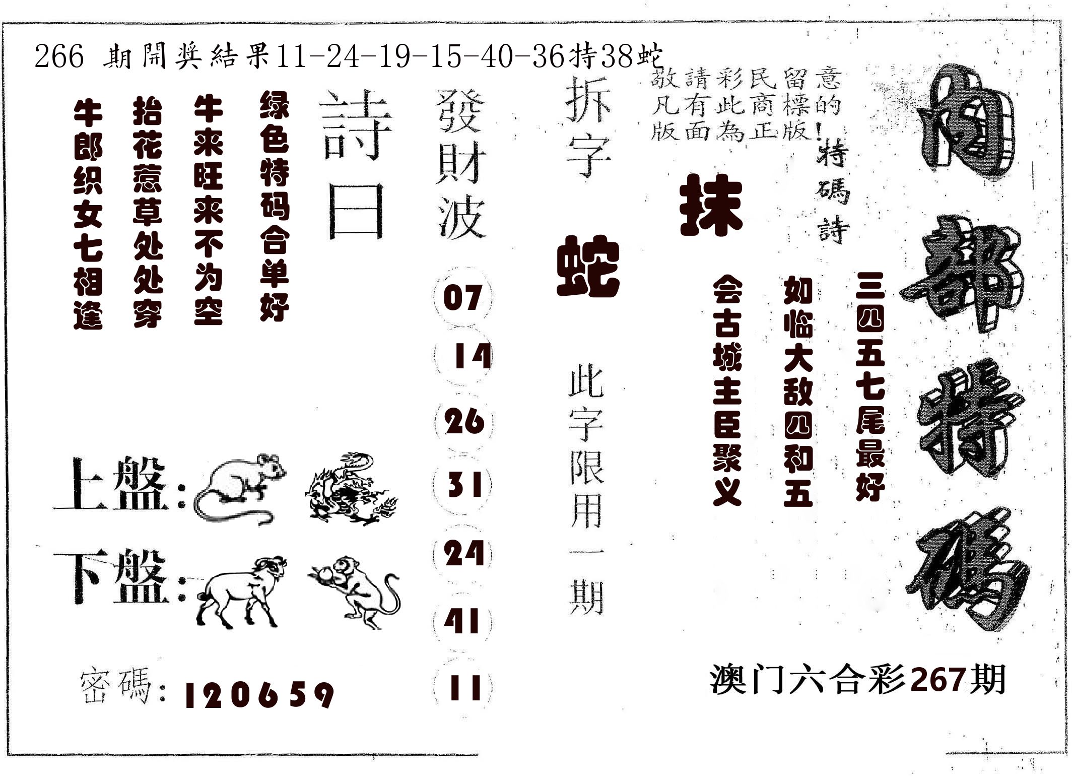 内部特码 第267期