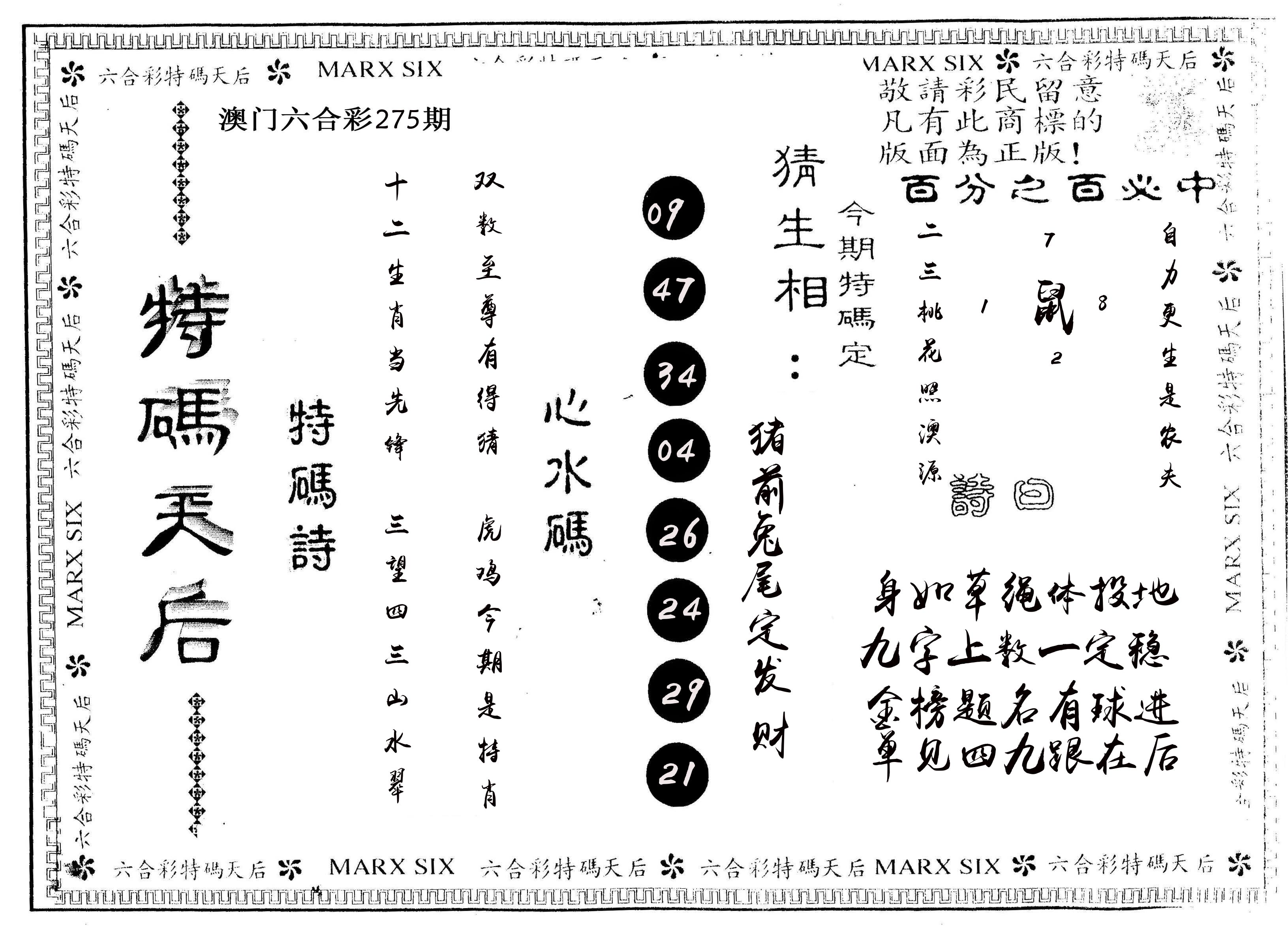 另版特码天后 第275期