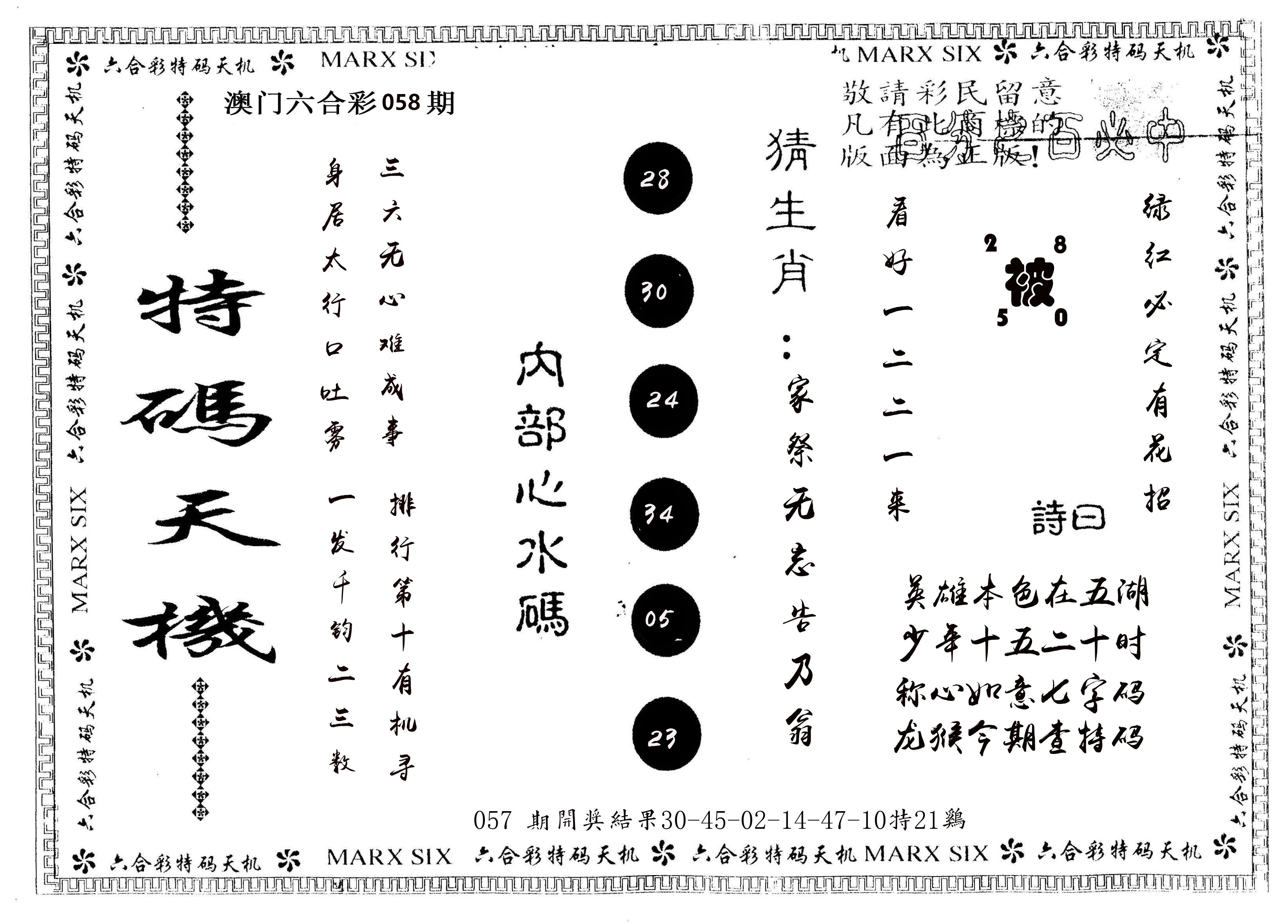 另版特码天机 第58期