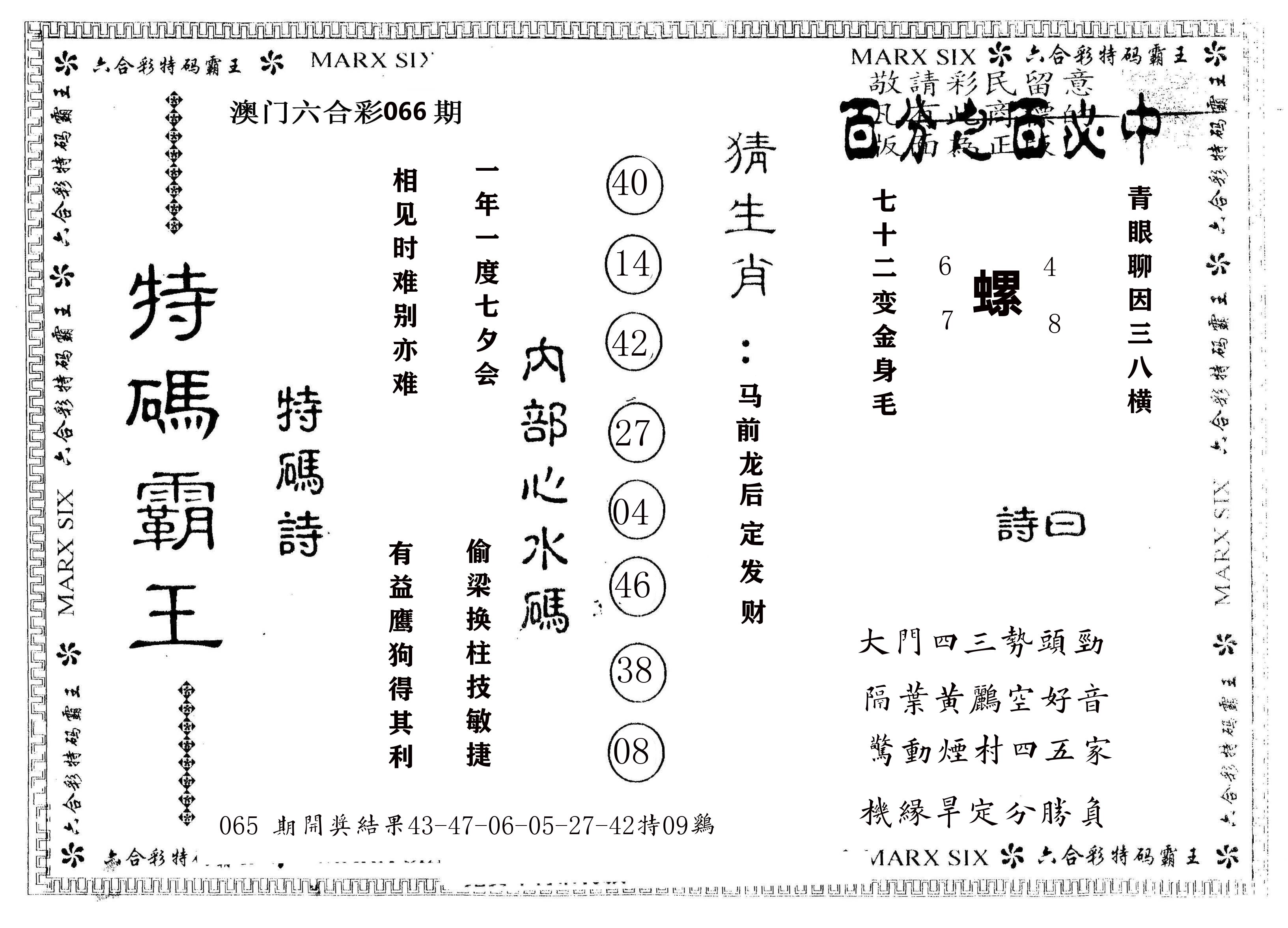 另版特码霸王 第66期