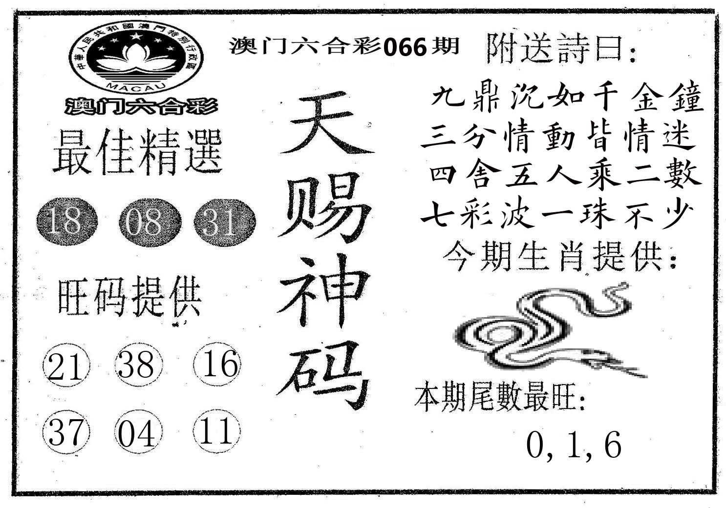 天赐神码 第66期