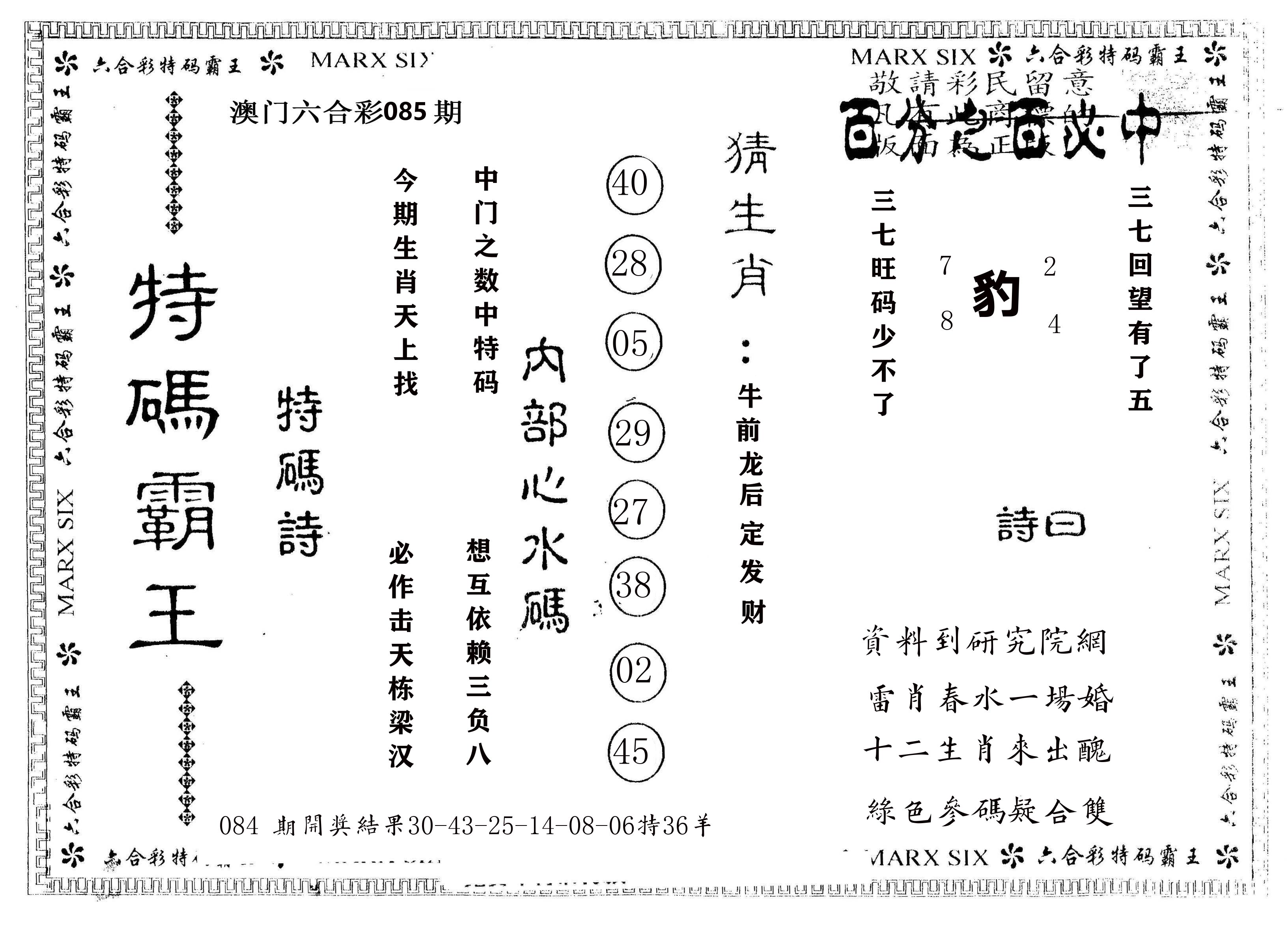 另版特码霸王 第85期