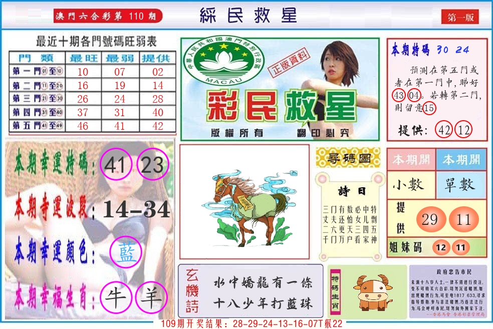 澳门彩民救星 第110期