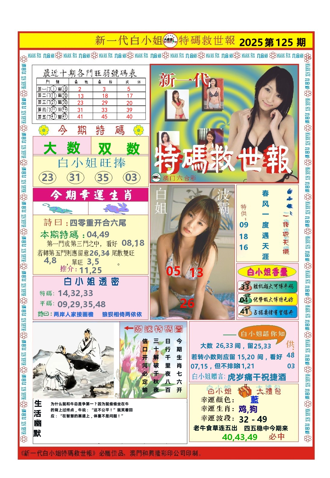 澳门特码救世报 第125期