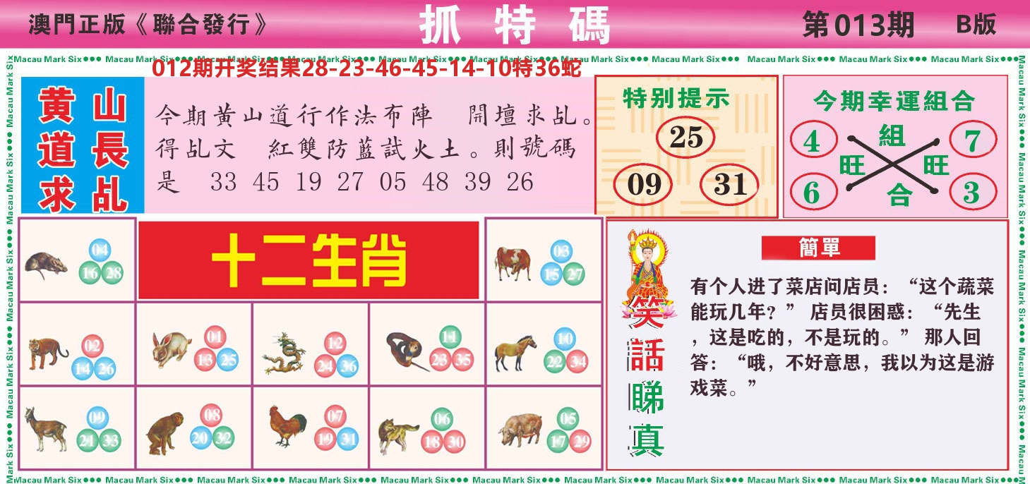 澳门抓特码B 第13期