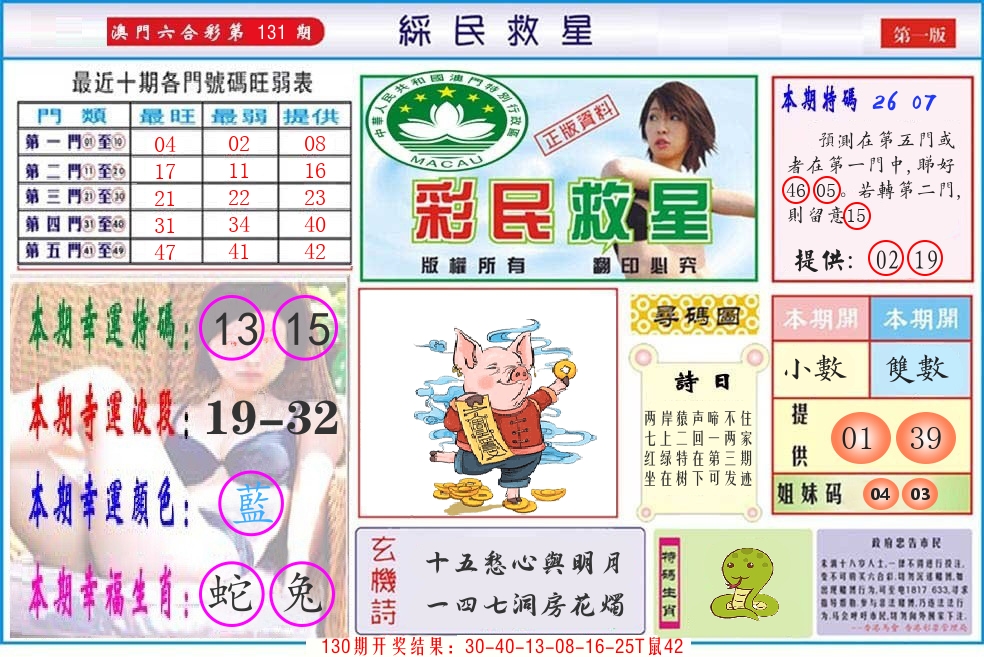澳门彩民救星 第131期