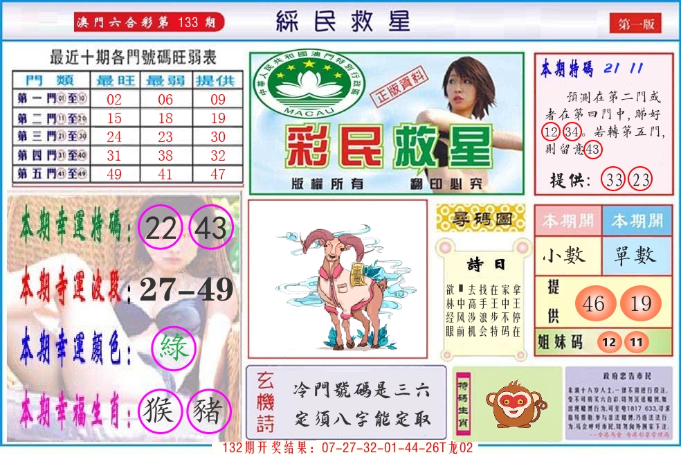 澳门彩民救星 第133期