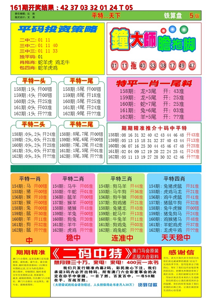 澳门铁算盘D 第162期